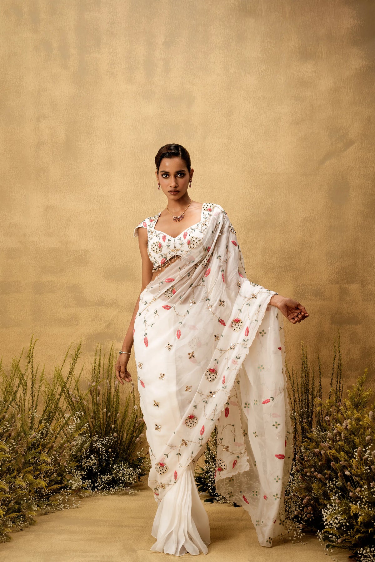 Ivory Pre-stitched hand embroidered organza saree set