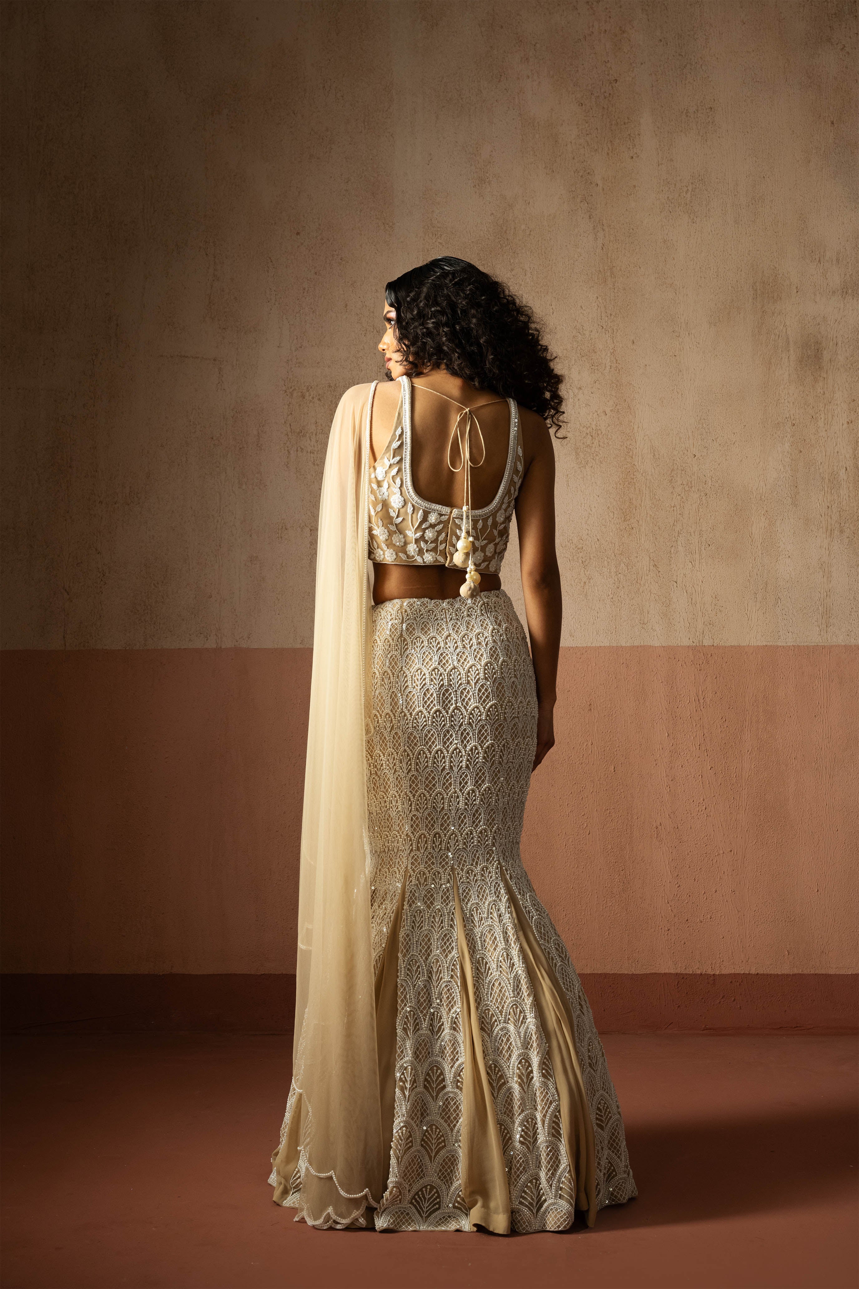 Fishtail Style, Beige & Ivory Hand Embroidered, Net & Georgette Fishtail Saree, Concept Saree