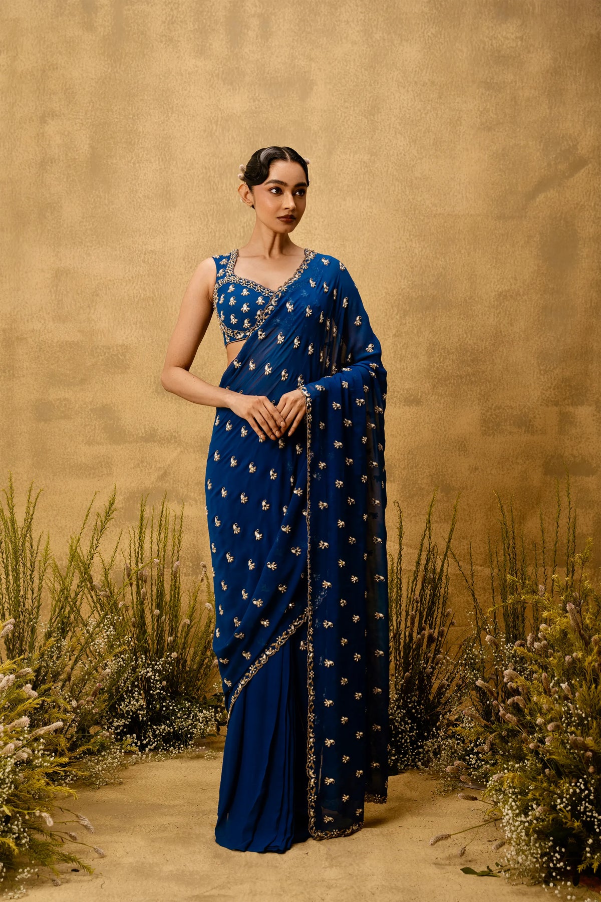 Sapphire blue Pre-stitched hand embroidered georgette saree set