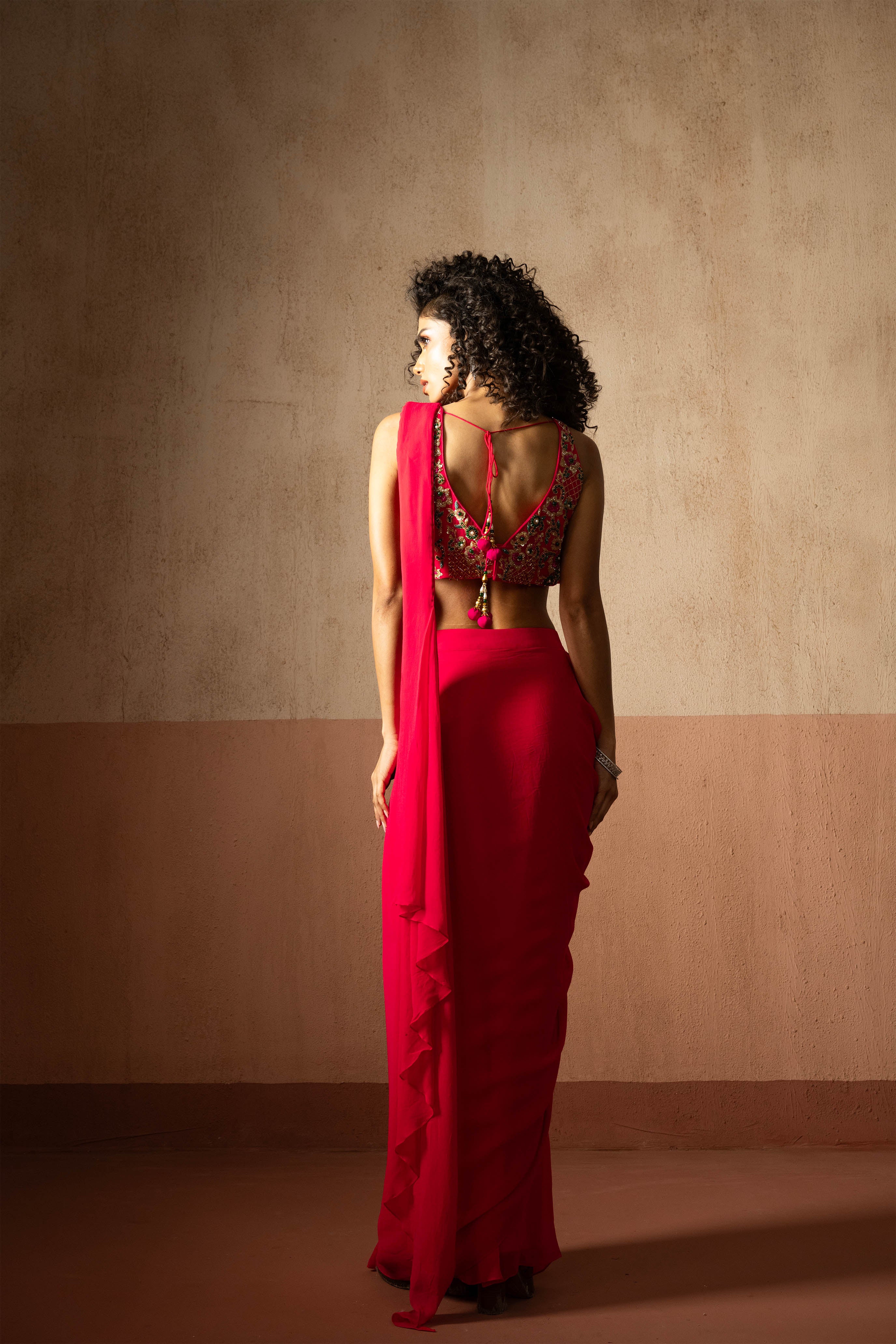 Predraped, Fuschia Pink, Embroidered Georgette Saree With Corset Blouse