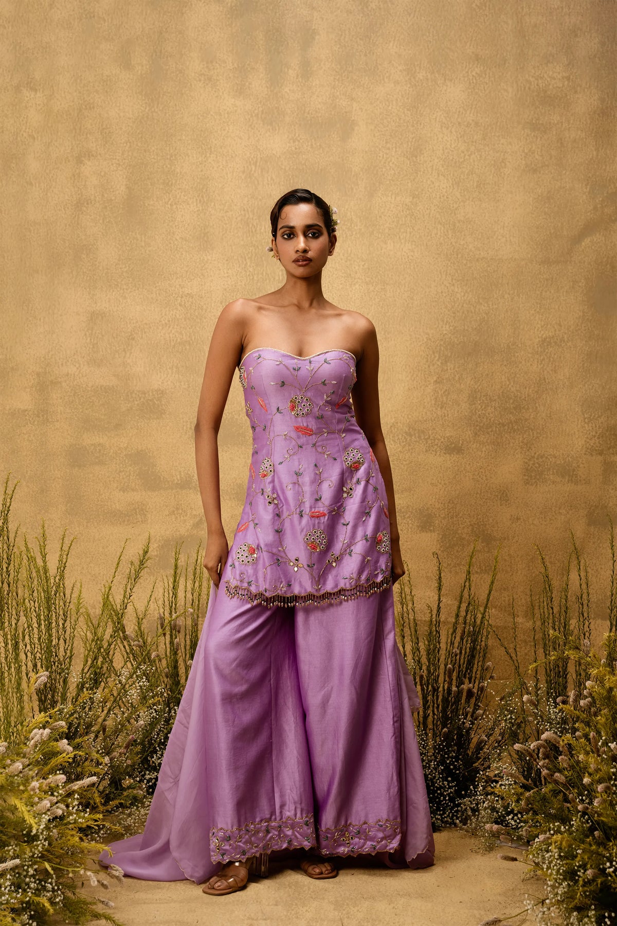 Lilac hand embroidered chanderi silk suit set with organza dupatta