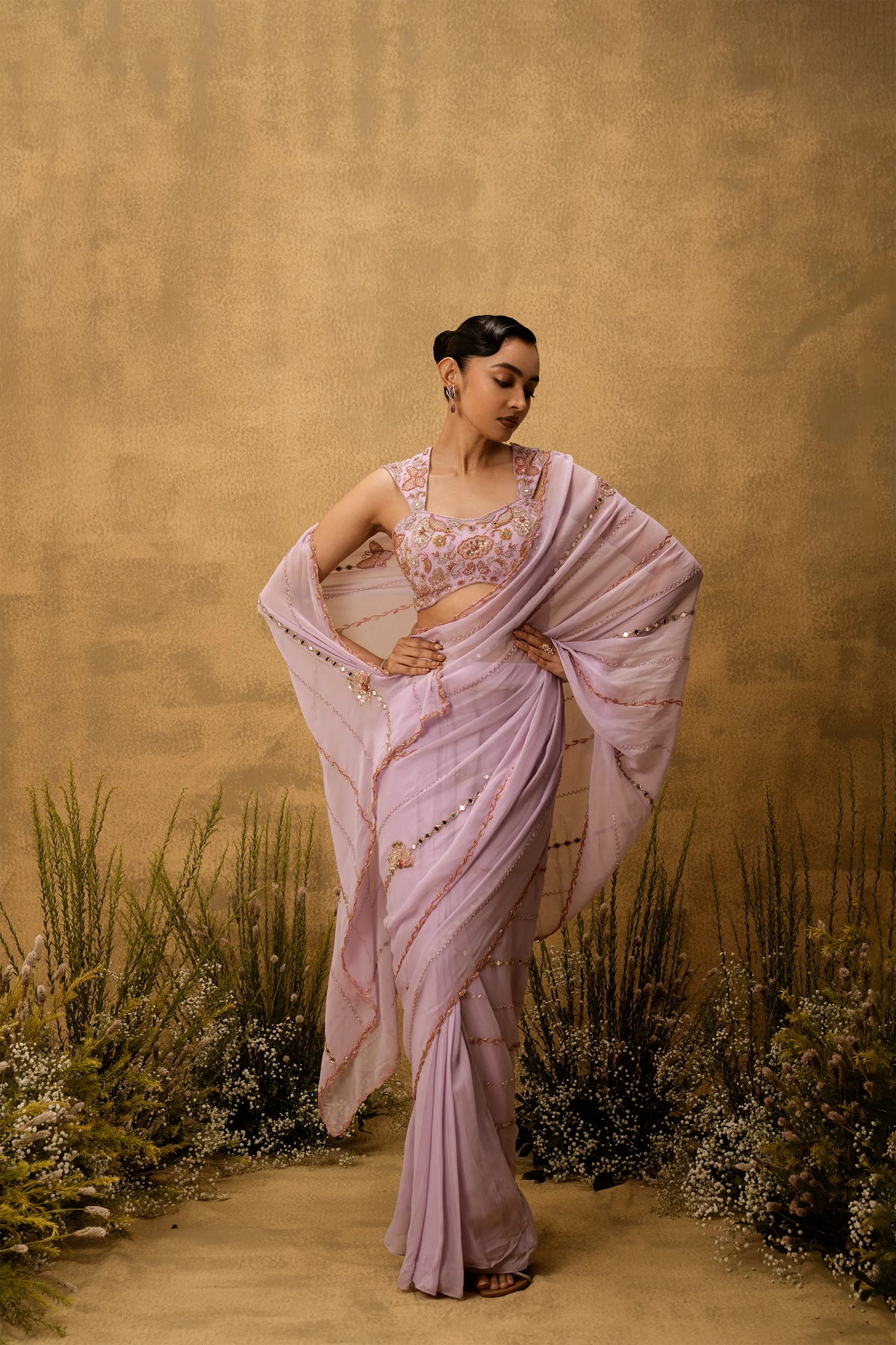 Lilac georgette Pre-stitched hand embroidered Georgette saree set