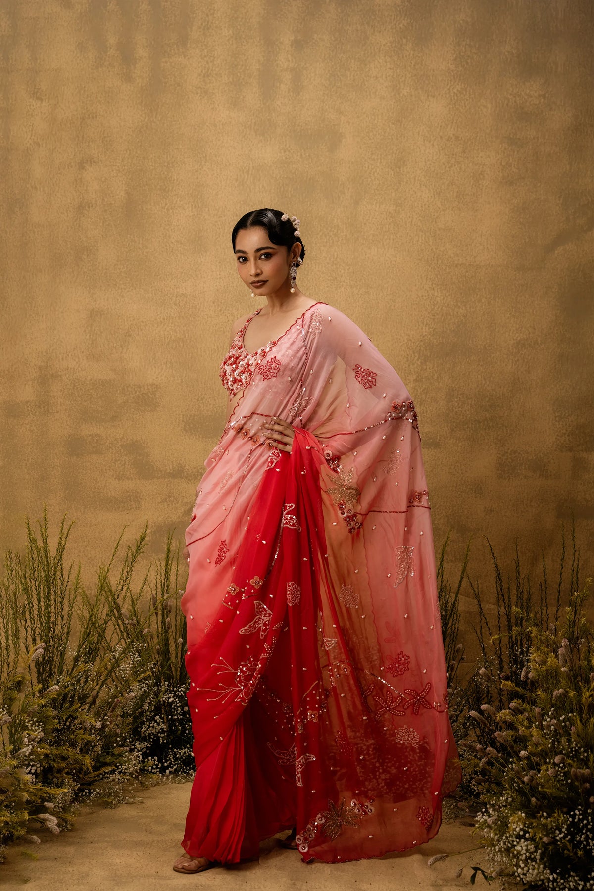 Pink ombre Pre-stitched hand embroidered organza saree set