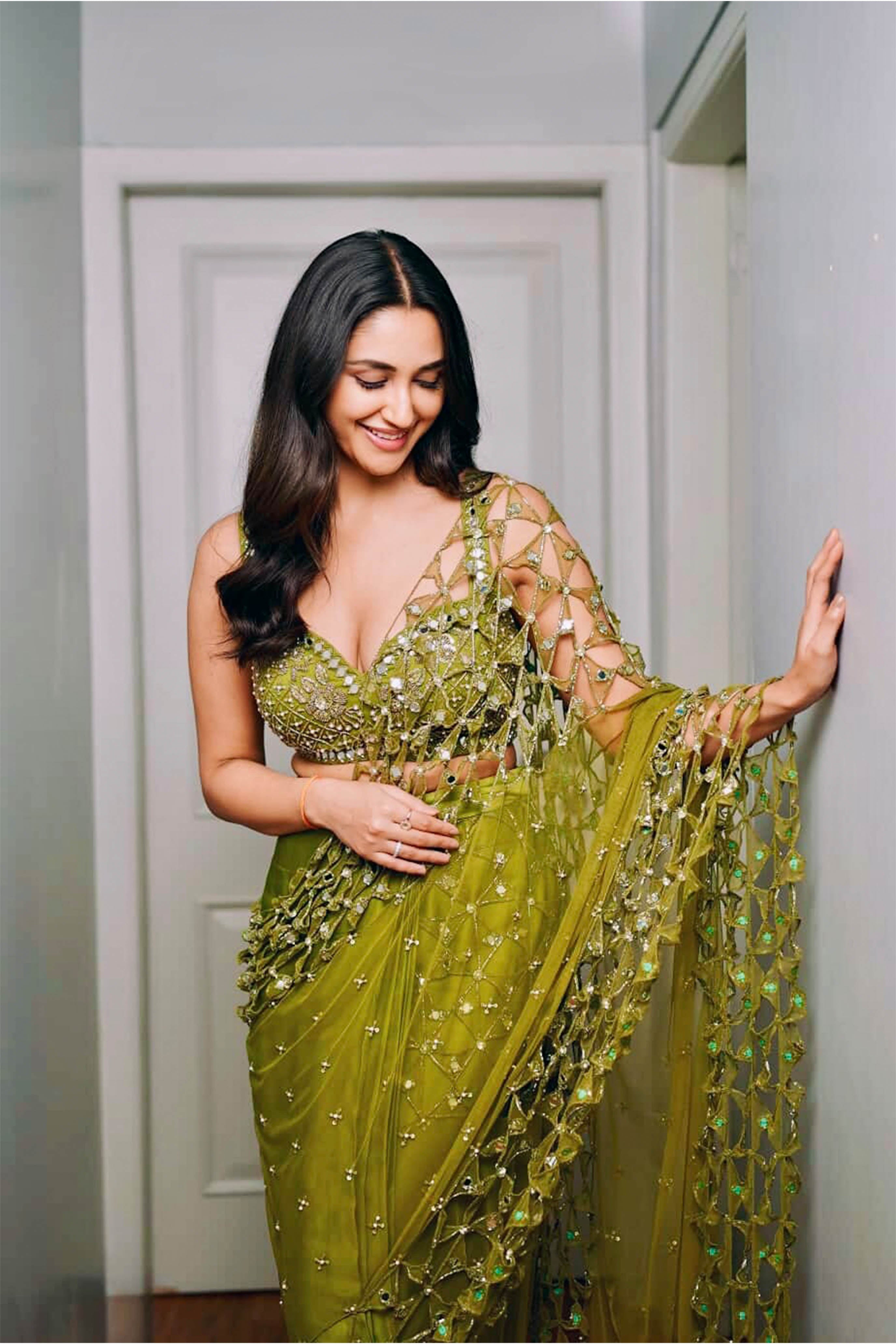Predraped, Mehendi Green, Hand Embroidered Net & Satin Saree
