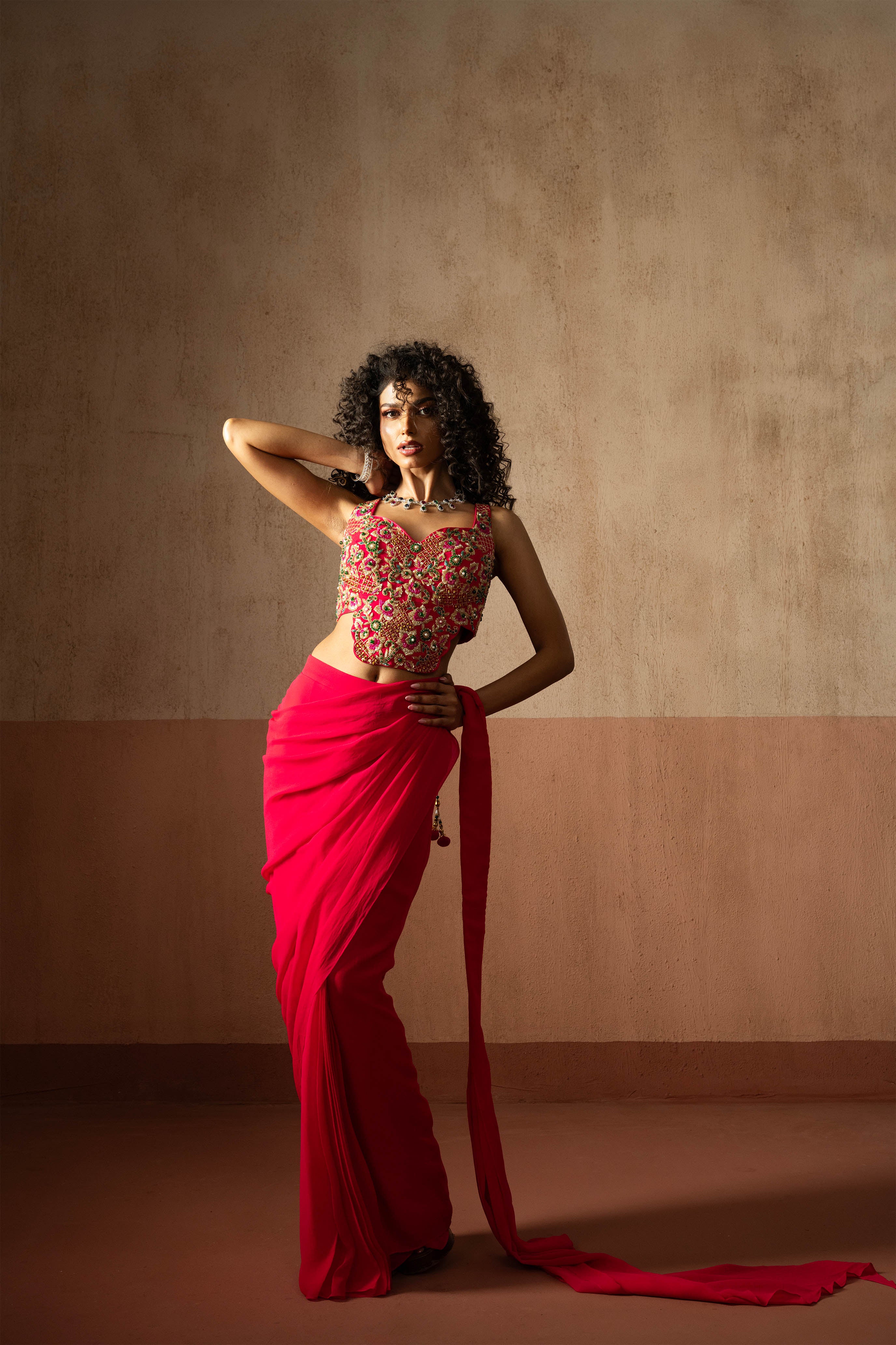 Predraped, Fuschia Pink, Embroidered Georgette Saree With Corset Blouse