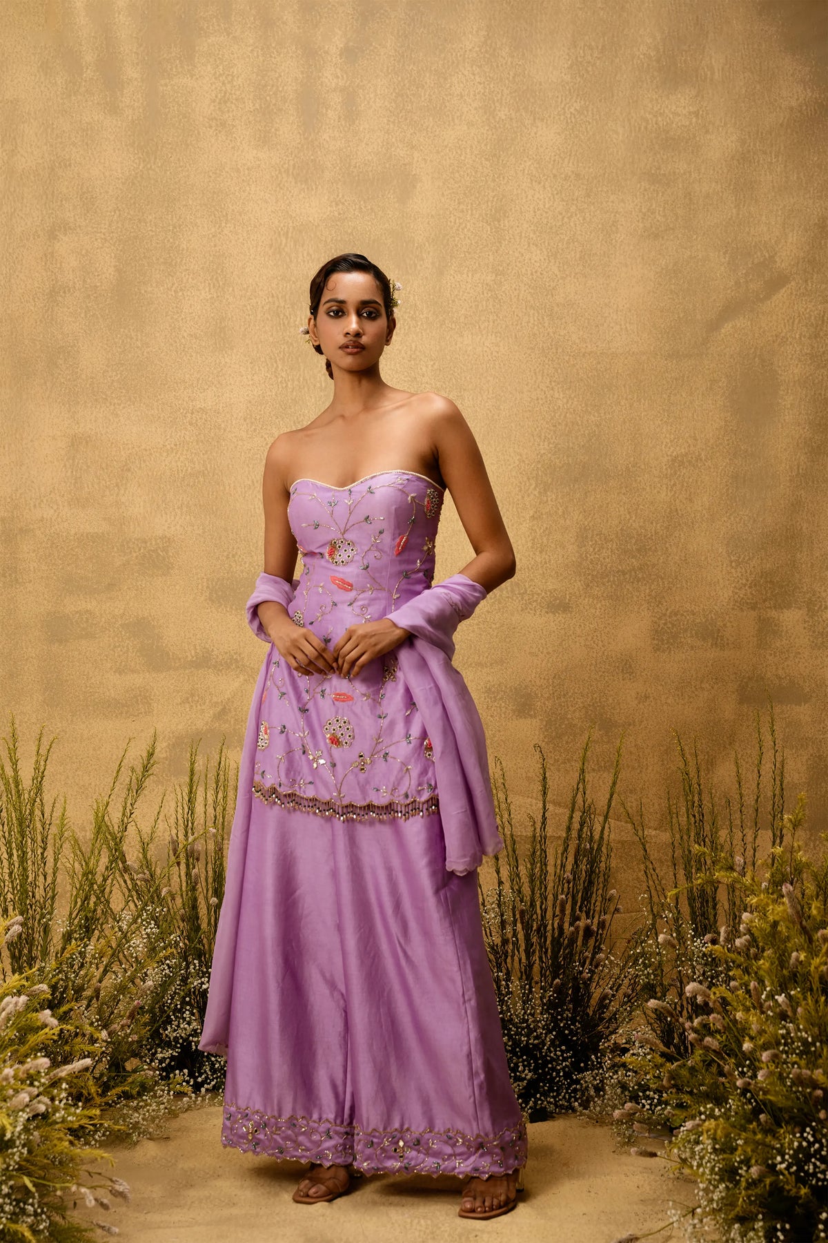 Lilac hand embroidered chanderi silk suit set with organza dupatta