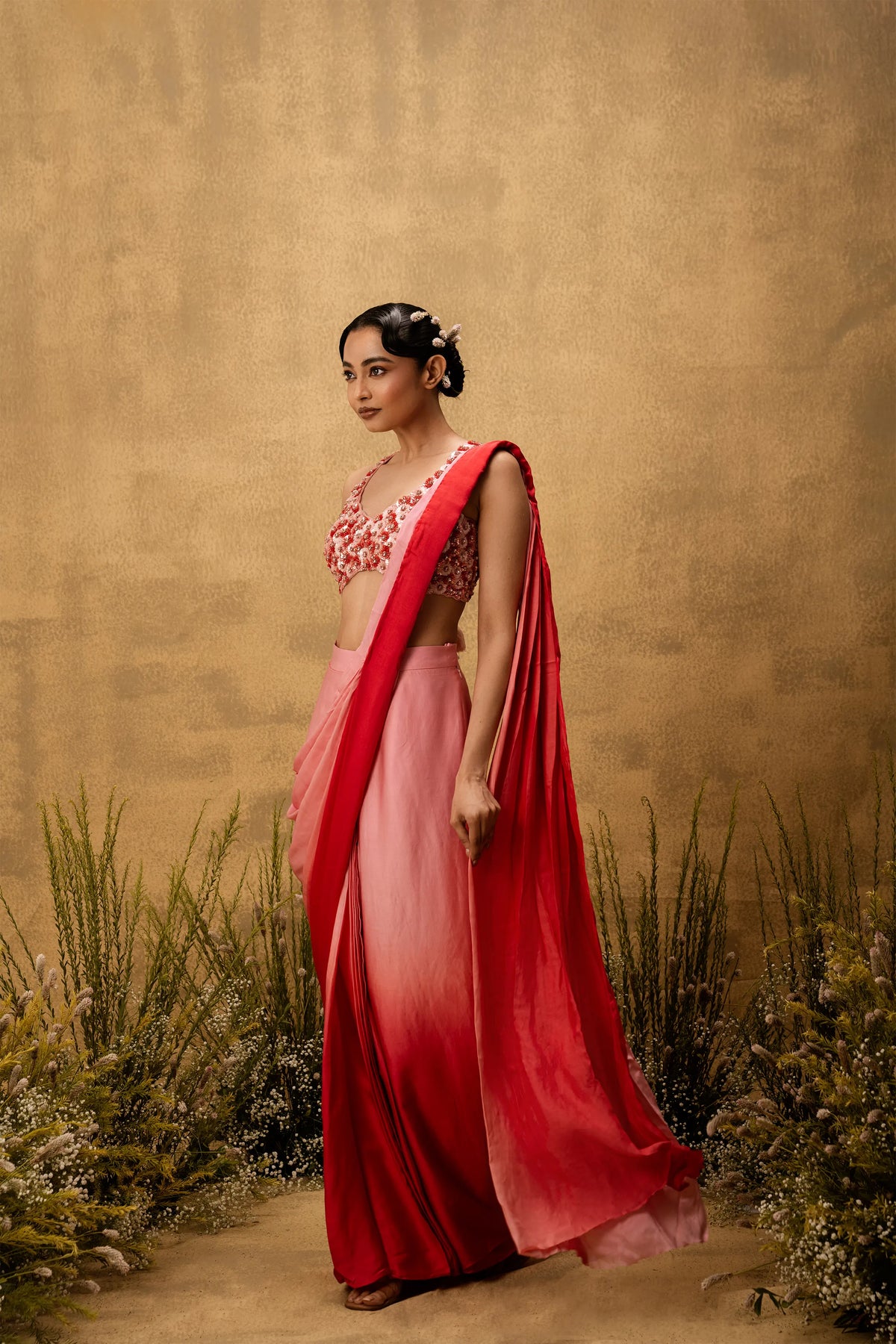 Pastel pink ombre pre-draped modal satin saree with embroidered blouse