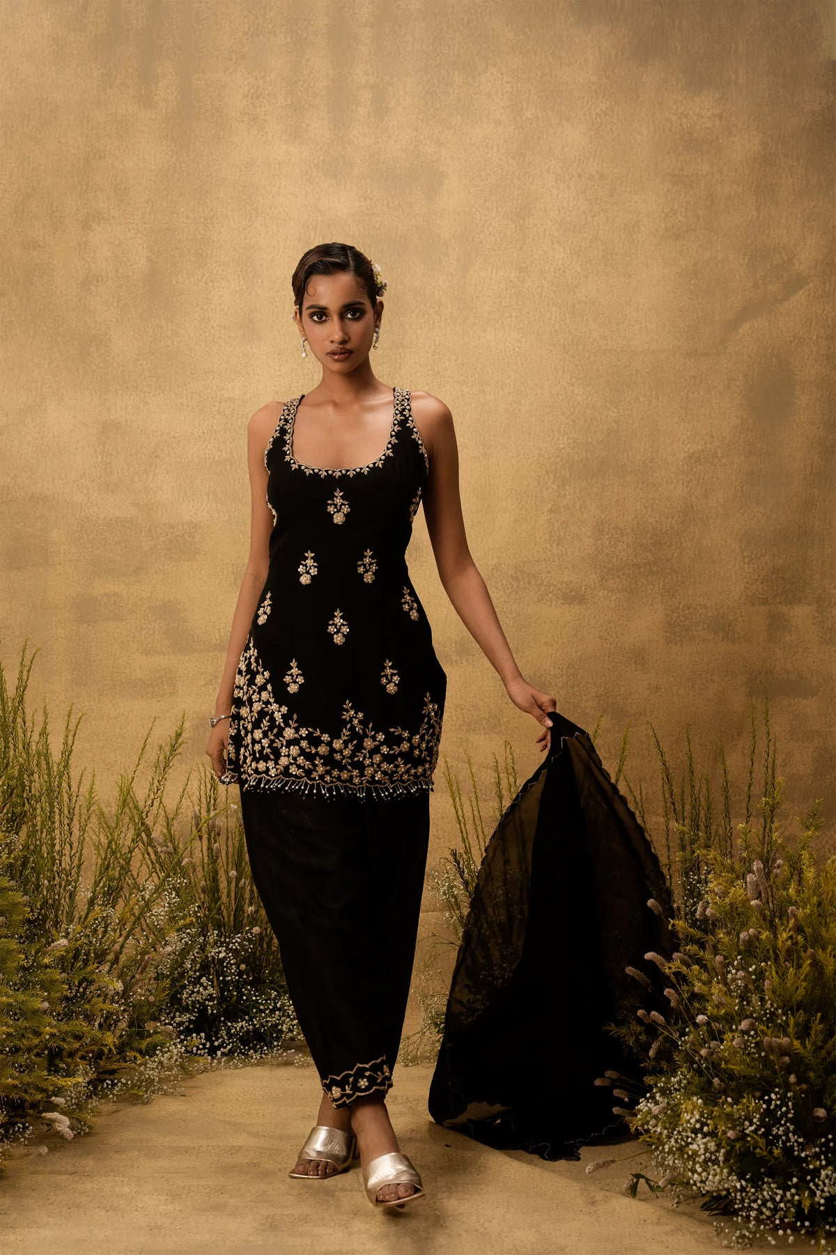 Black hand embroidered chanderi silk suit set with organza dupatta