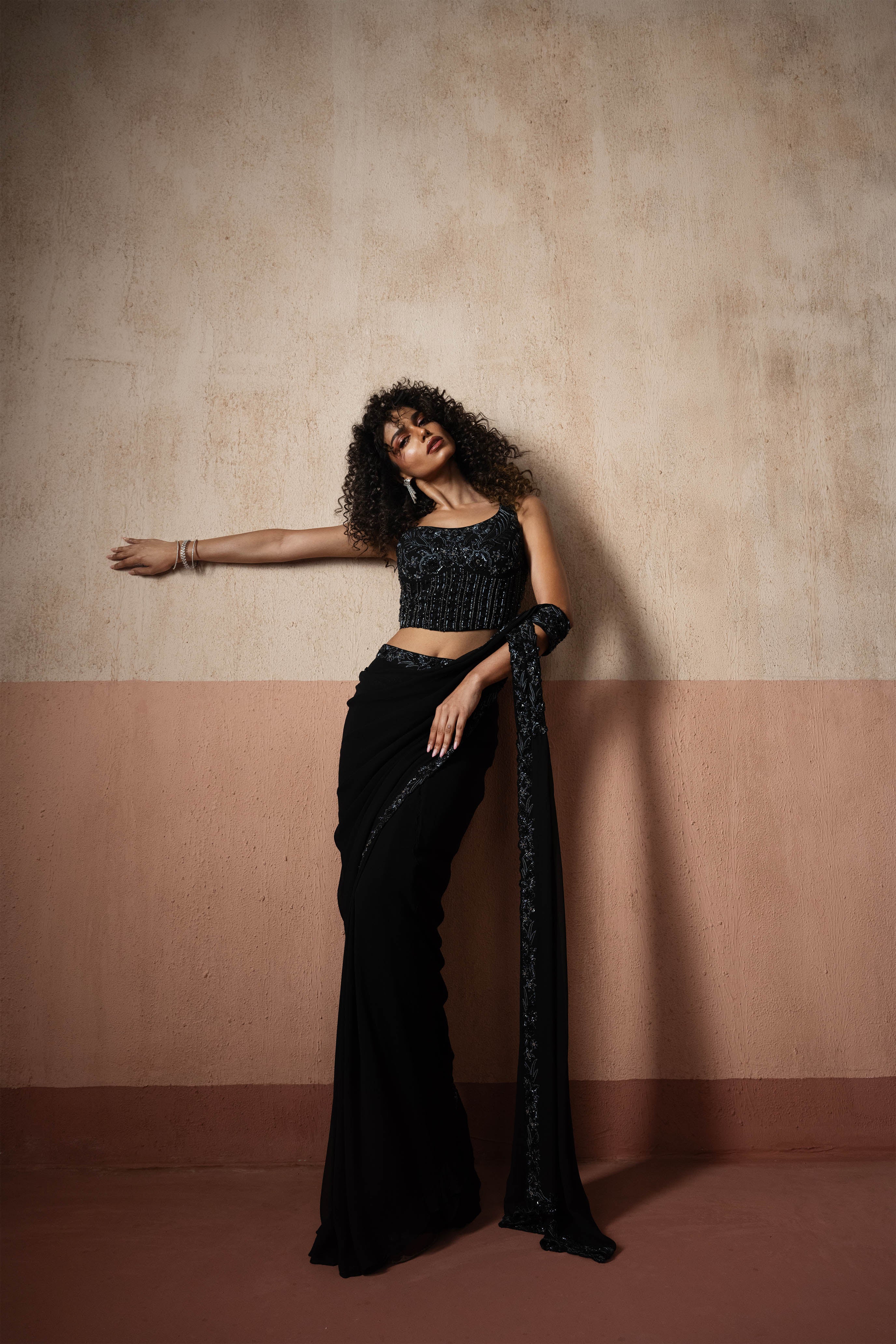 Predraped, Black Hand Embroidered Georgette Saree