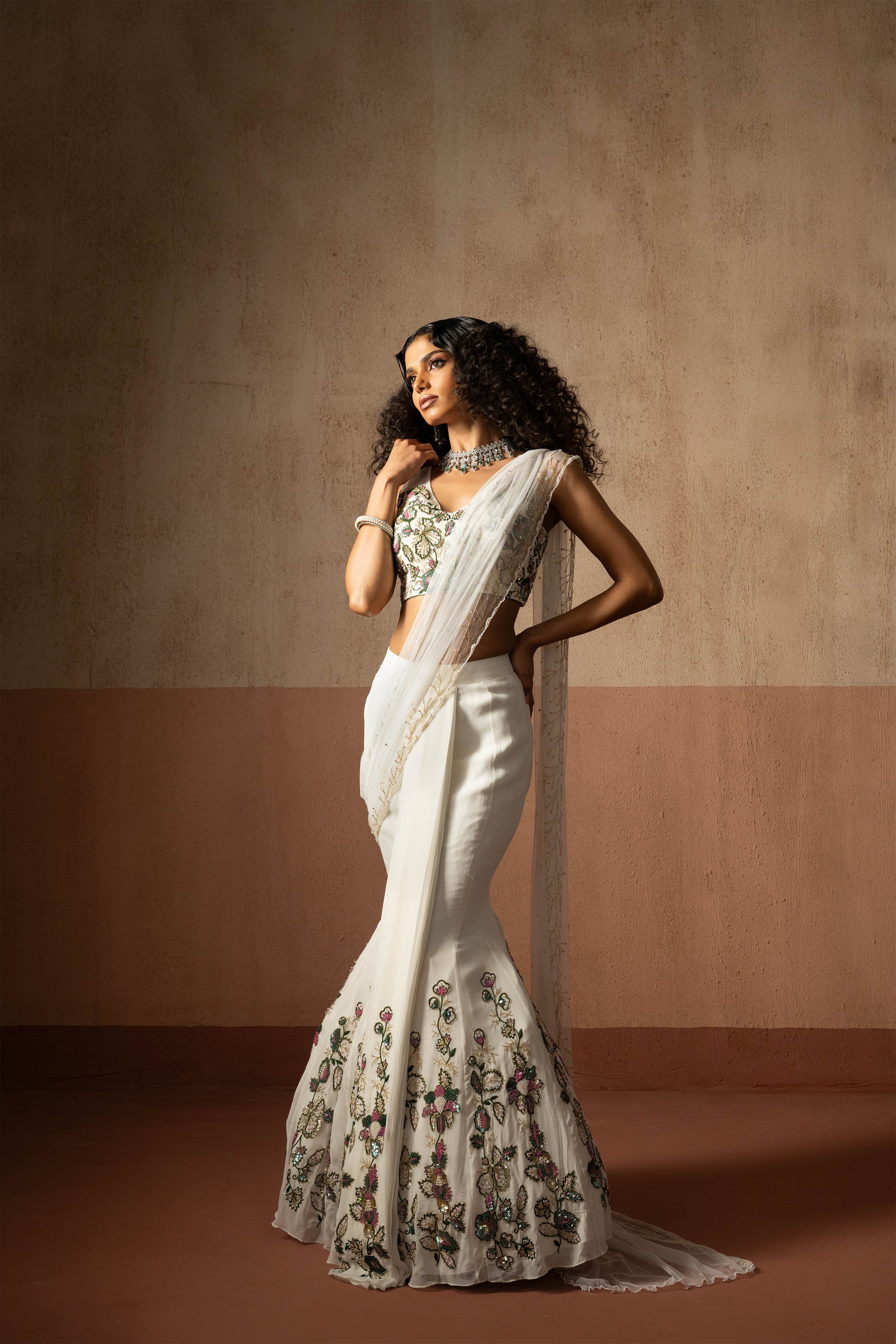 Fishtail Style, White & Multicoloured Hand Embroidered Georgette Fishtail Saree, Concept Saree