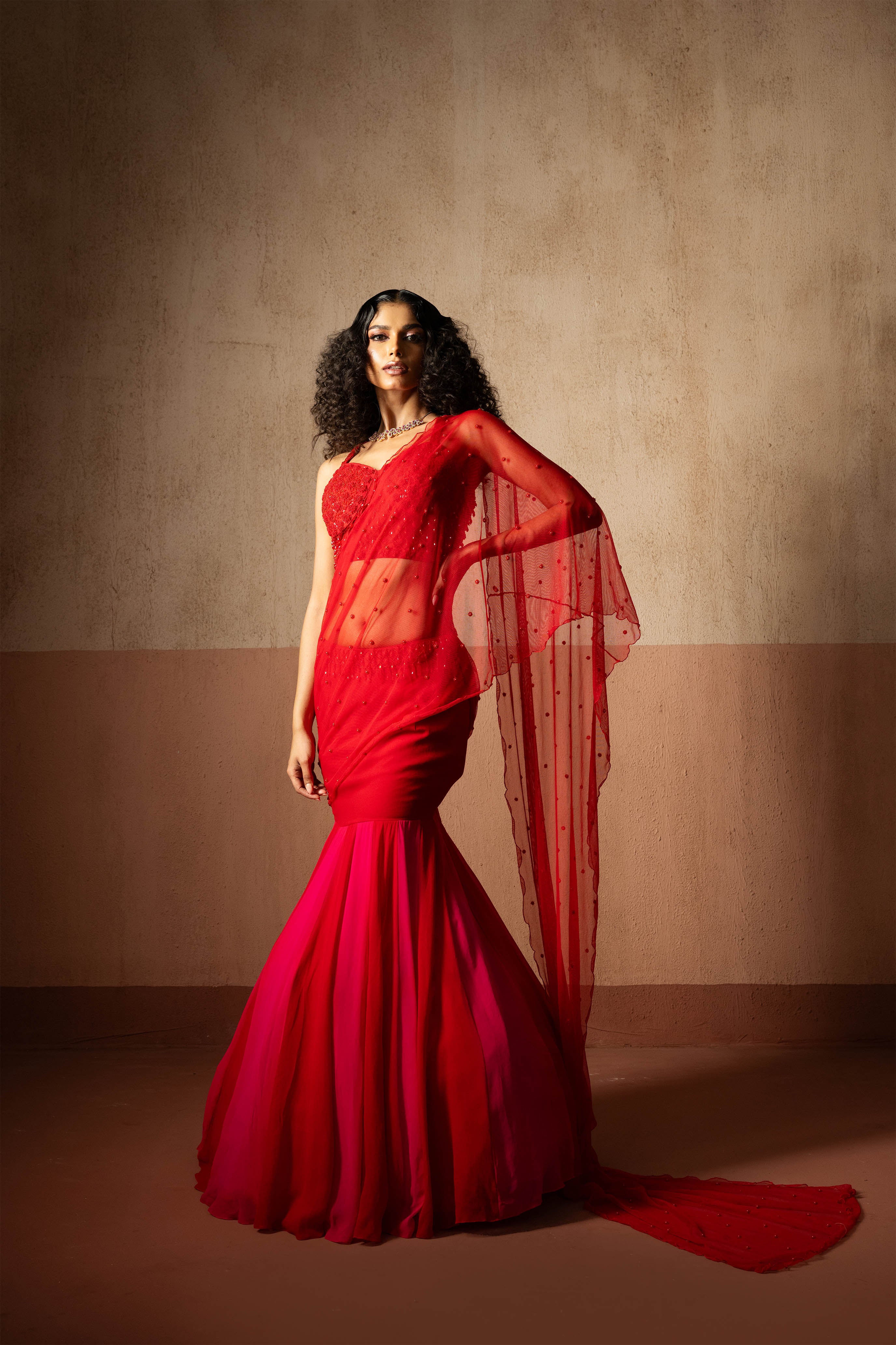 Fishtail Style, Red & Fuschia Pink Coloured, Hand Embroidered, Net & Georgette Fishtail Saree, Concept Saree