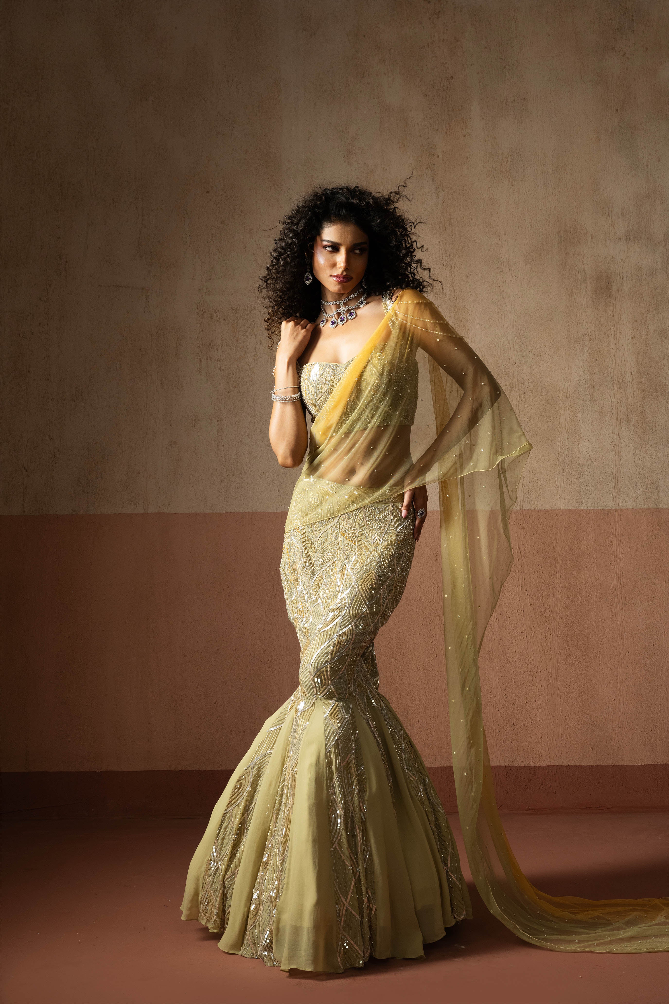 Fishtail Style, Sage Green & Pastel Yellow Hand Embroidered, Net & Georgette Fishtail Saree, Concept Saree