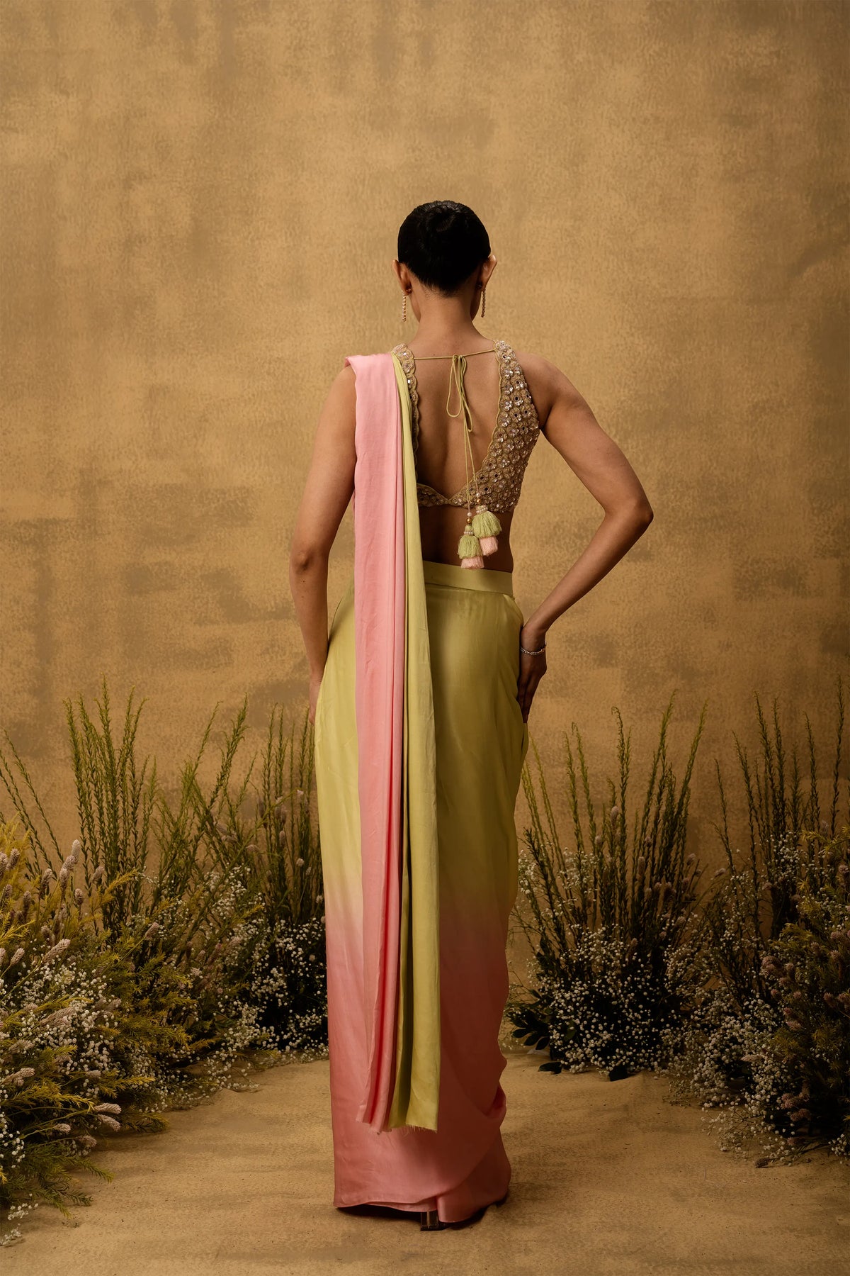 Pastel green & pink ombre pre-draped modal satin saree with embroidered blouse