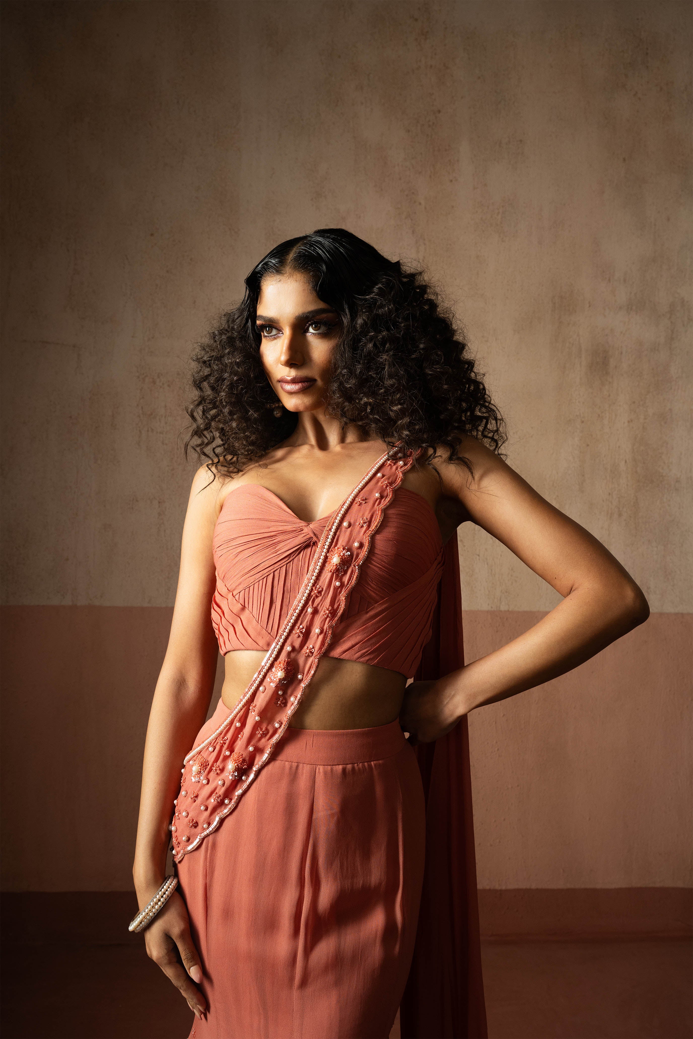 Fishtail Style, Peach Coloured, Hand Embroidered Georgette Fishtail Saree