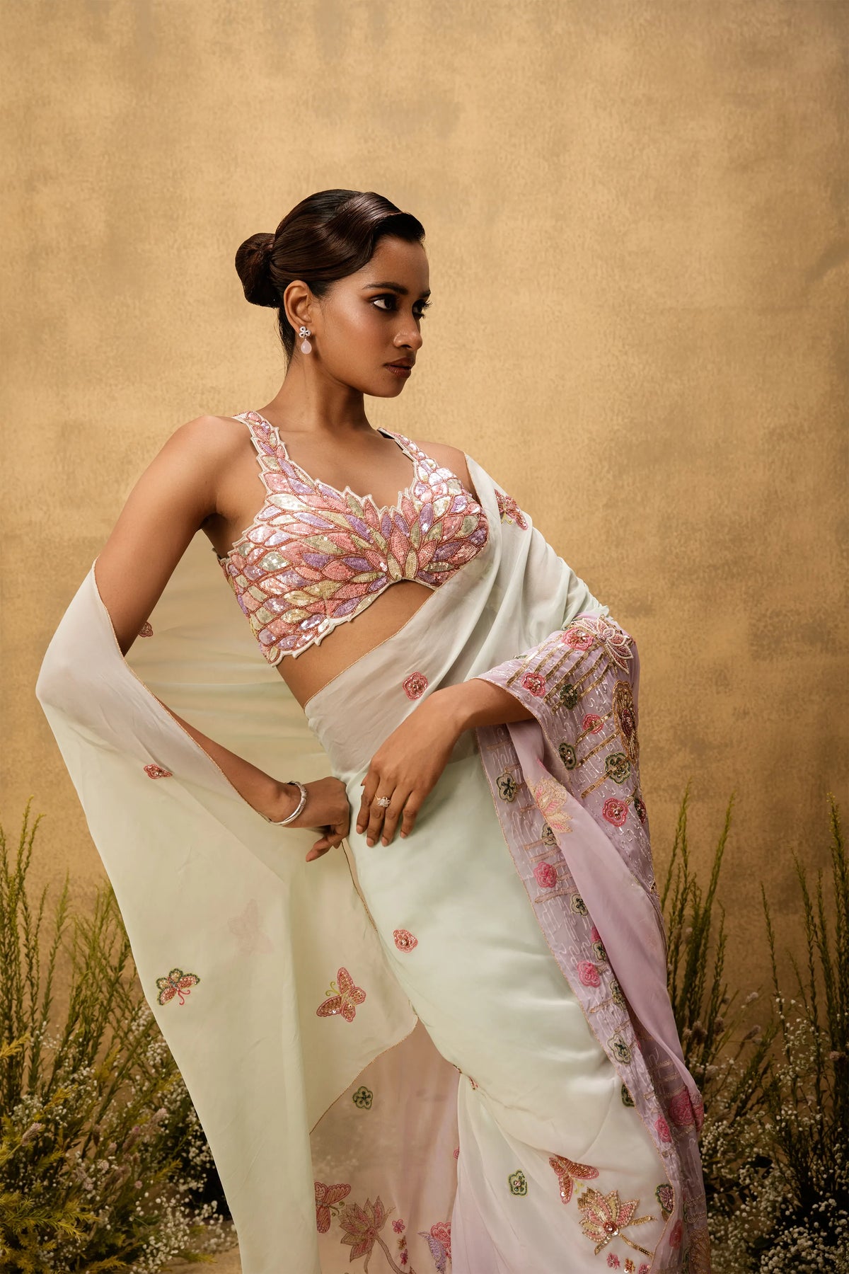 Pastel mint green lilac ombré Pre-stitched hand embroidered organza saree set