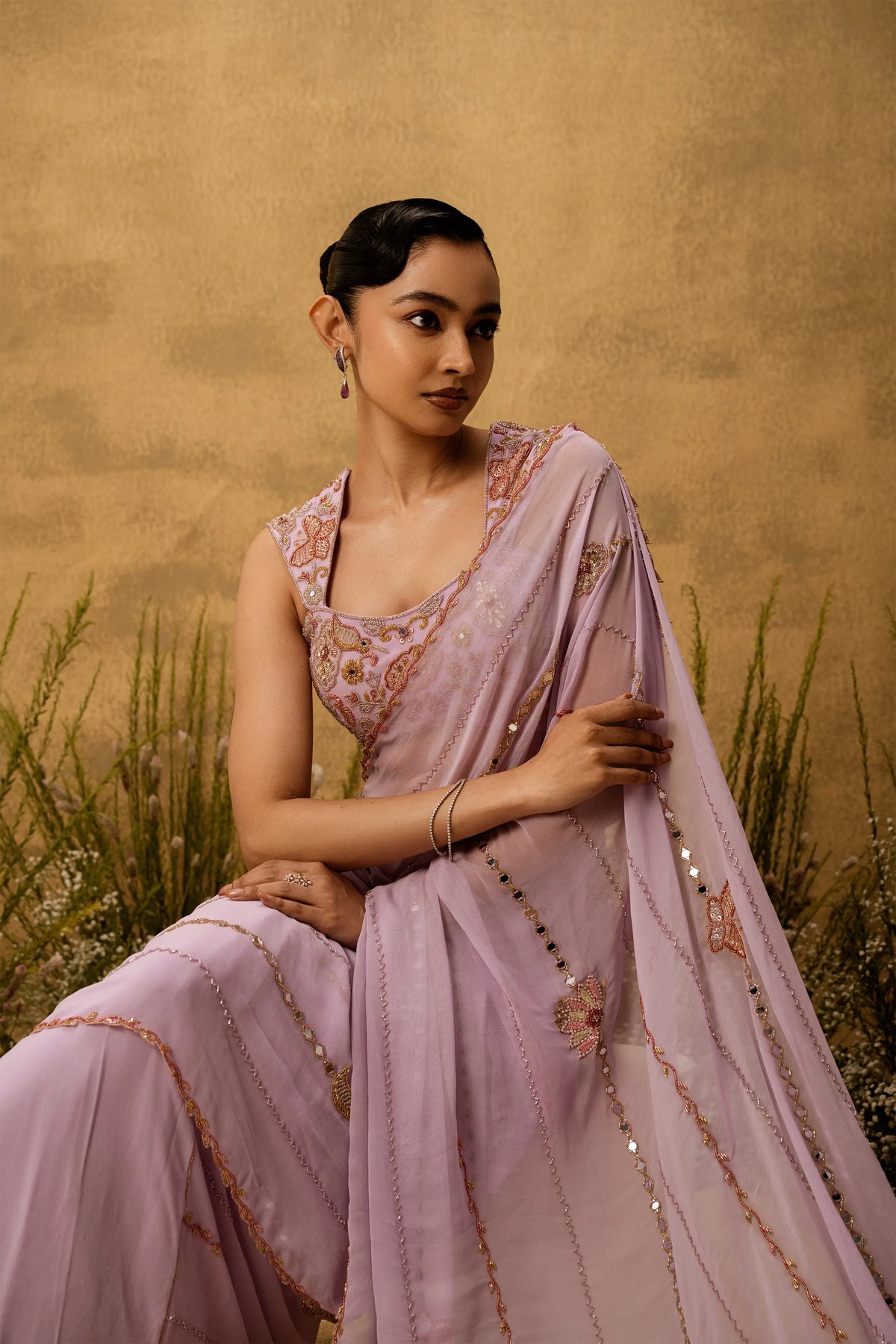 Lilac georgette Pre-stitched hand embroidered Georgette saree set