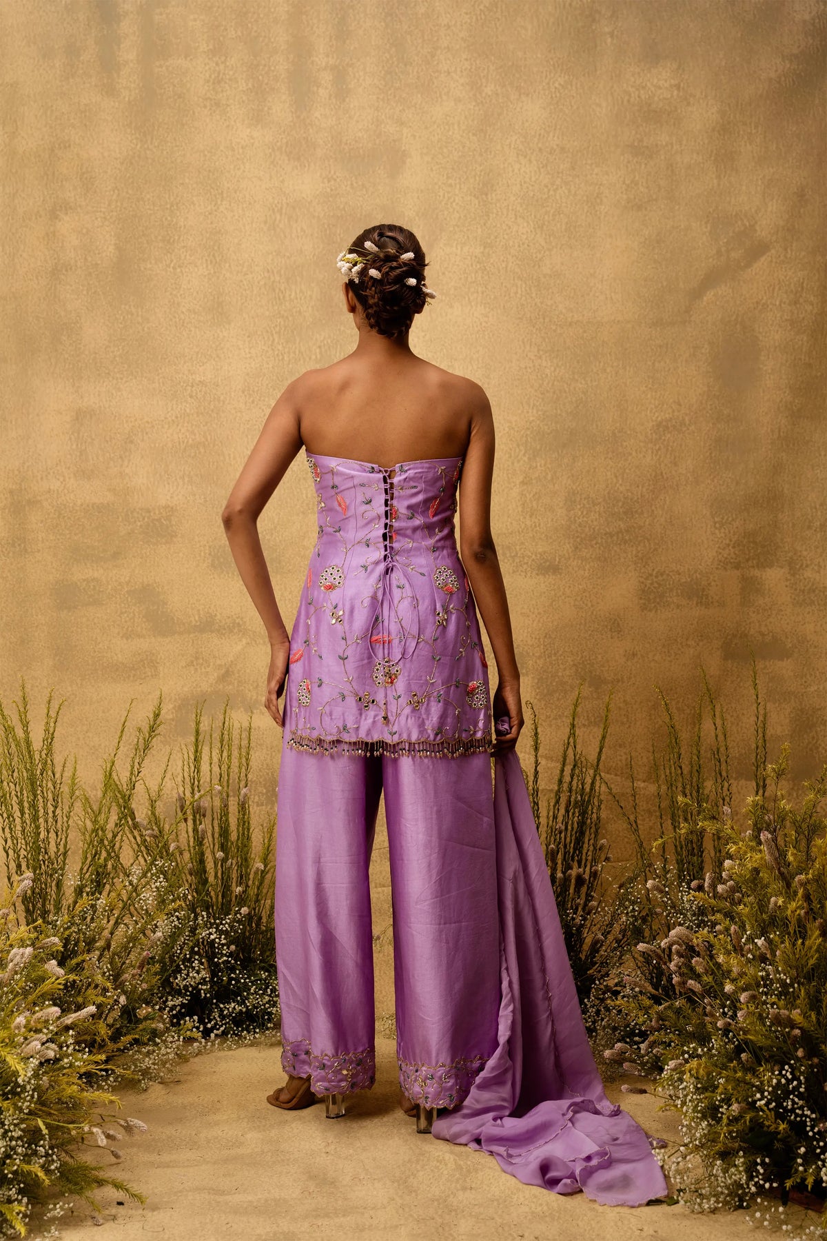 Lilac hand embroidered chanderi silk suit set with organza dupatta