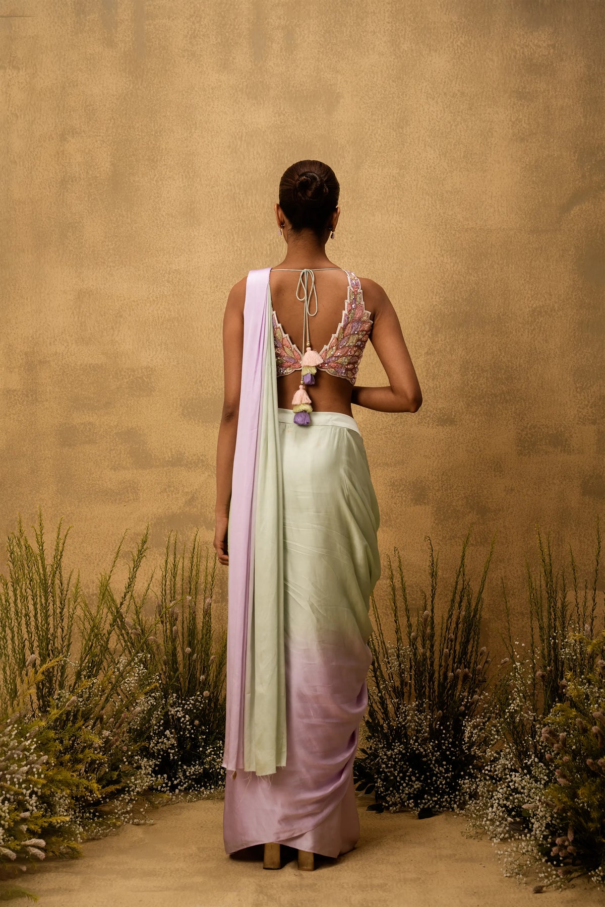 Mint green & lilac ombre pre-draped modal satin saree with embroidered blouse