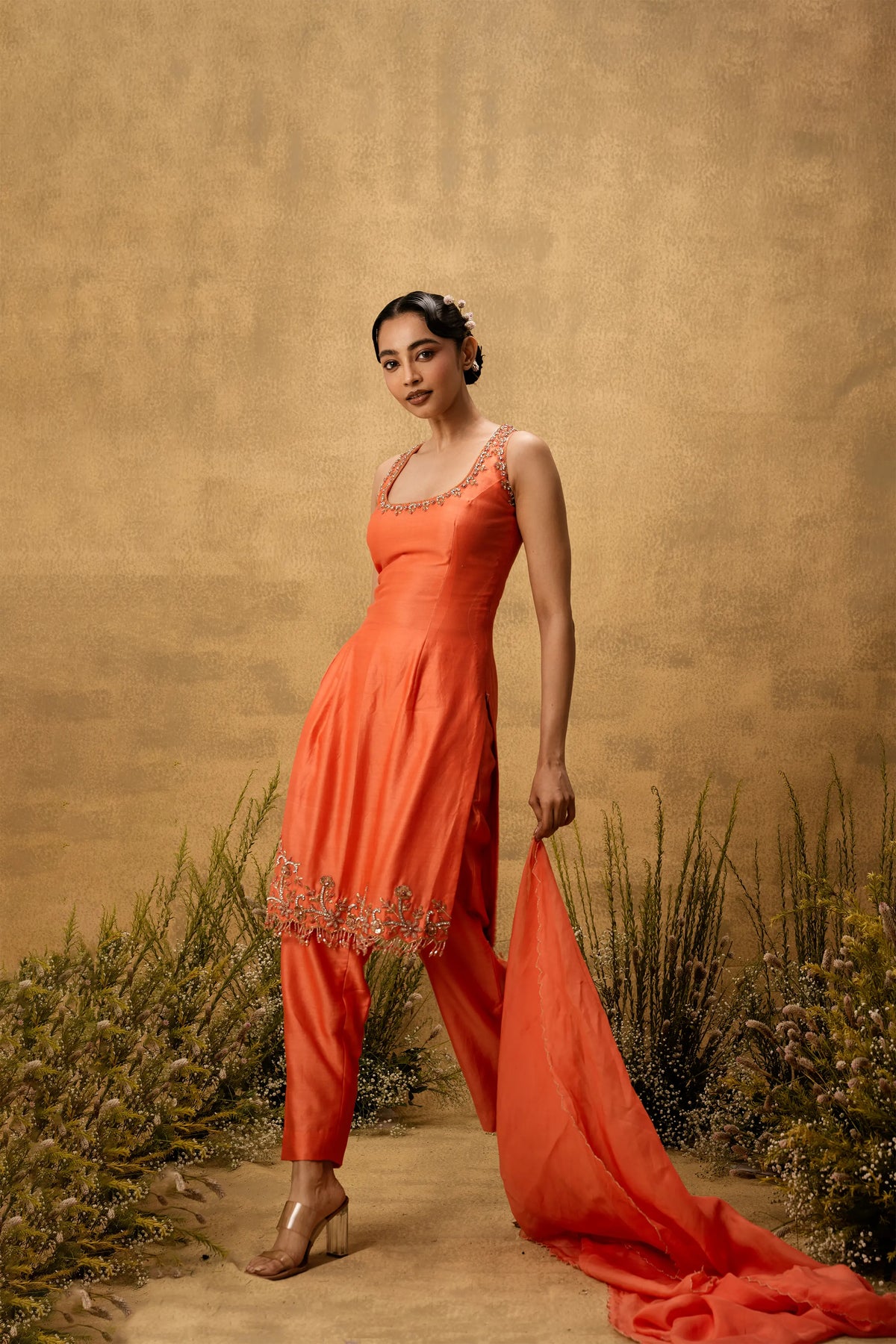 Bright orange hand embroidered chanderi silk suit set with organza dupatta