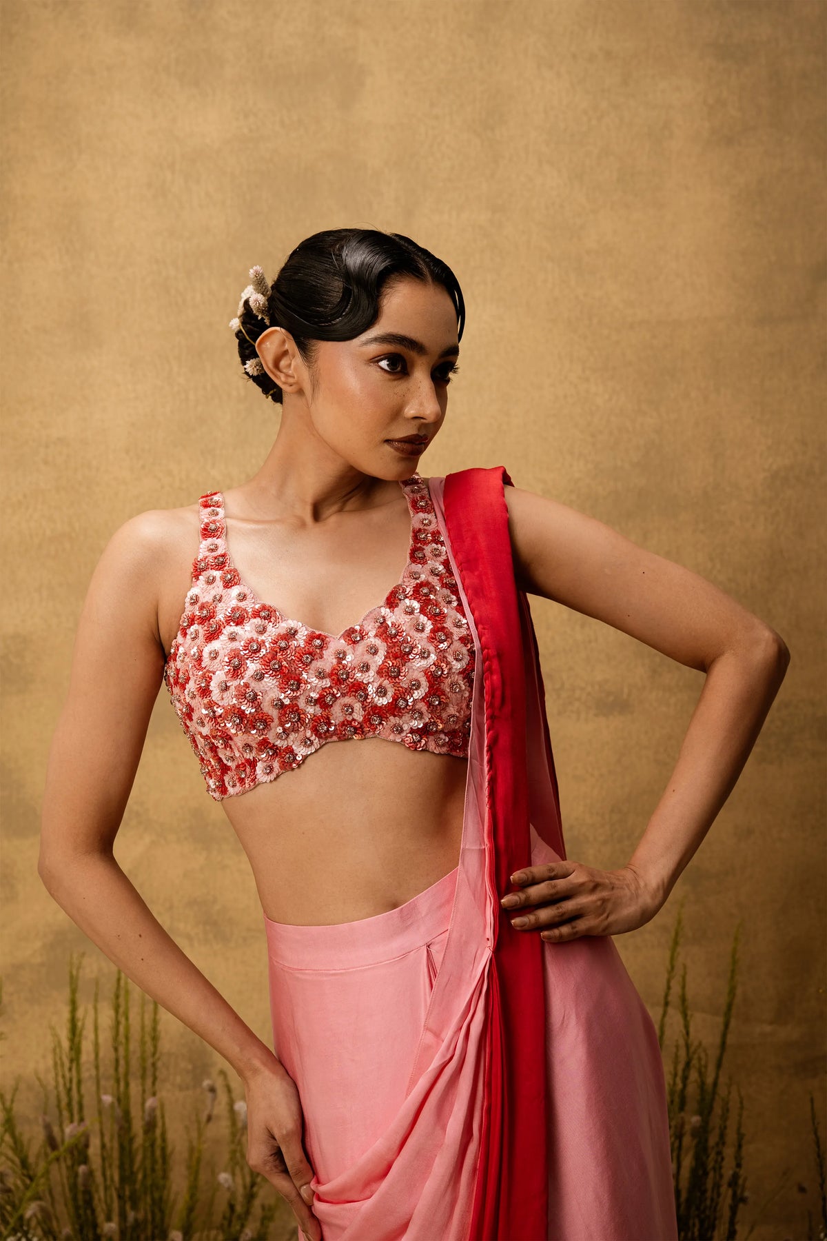 Pastel pink ombre pre-draped modal satin saree with embroidered blouse