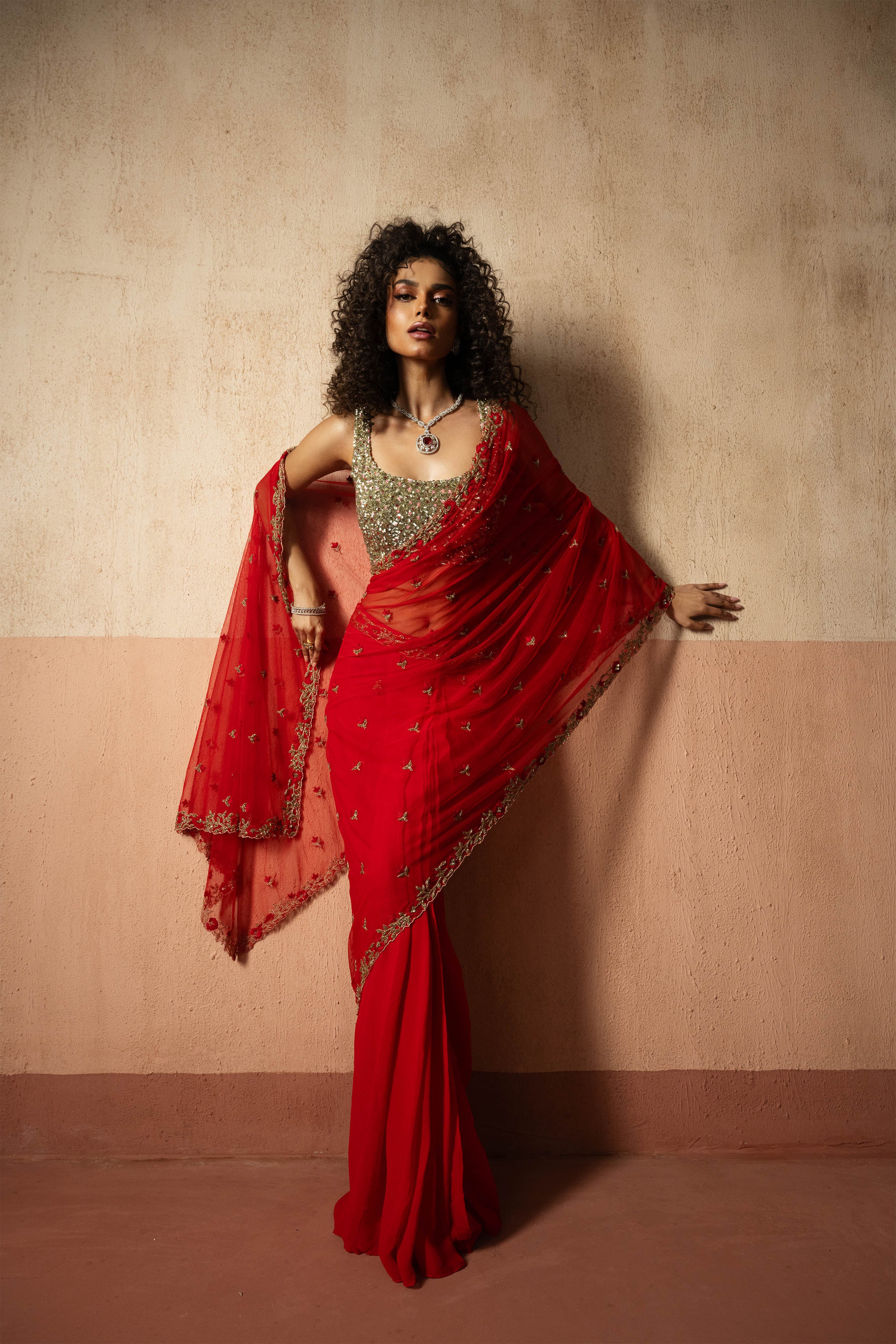 Predraped, Red, Hand Embroidered Net & Georgette Saree With Golden Blouse