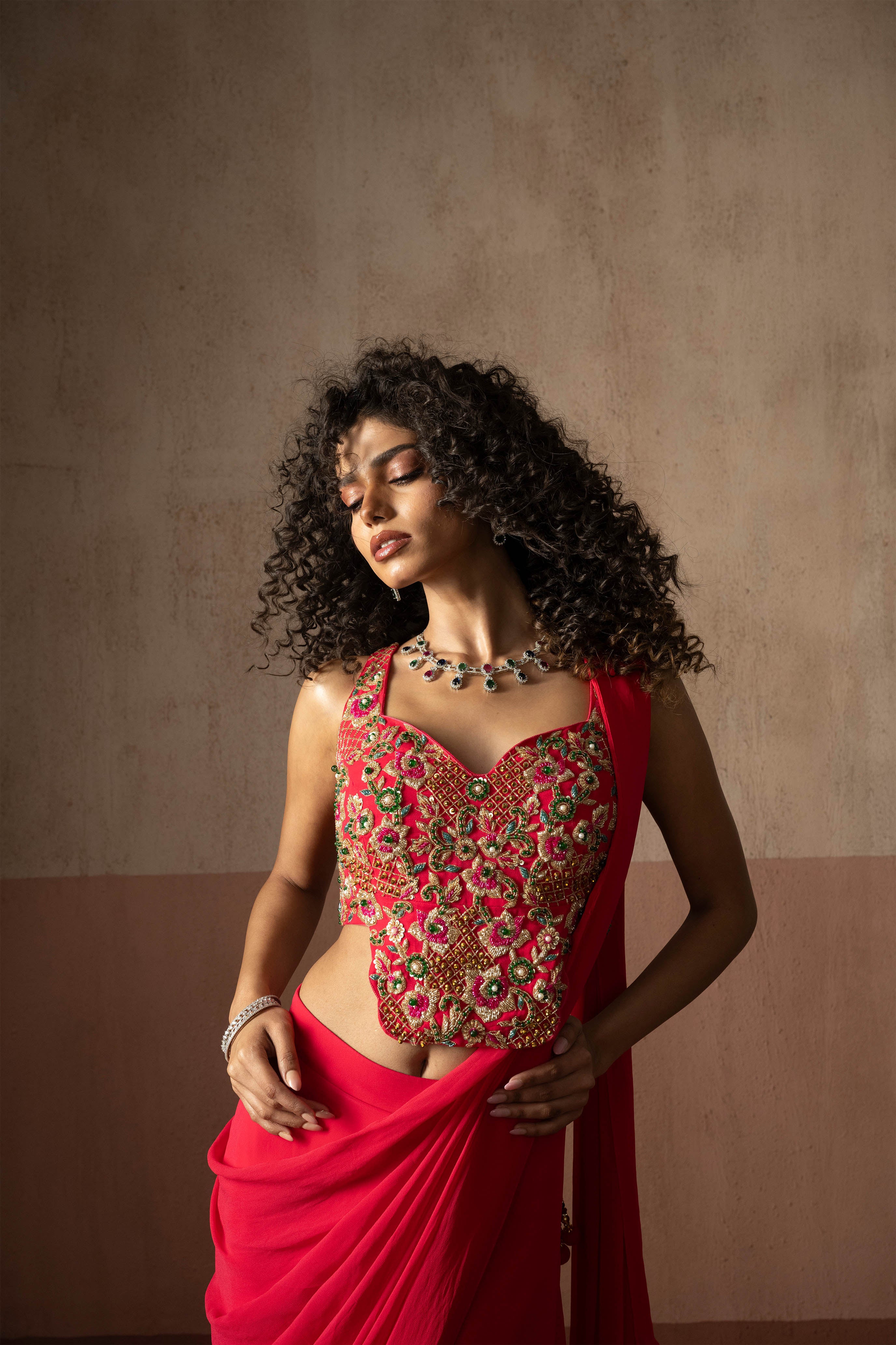 Predraped, Fuschia Pink, Embroidered Georgette Saree With Corset Blouse