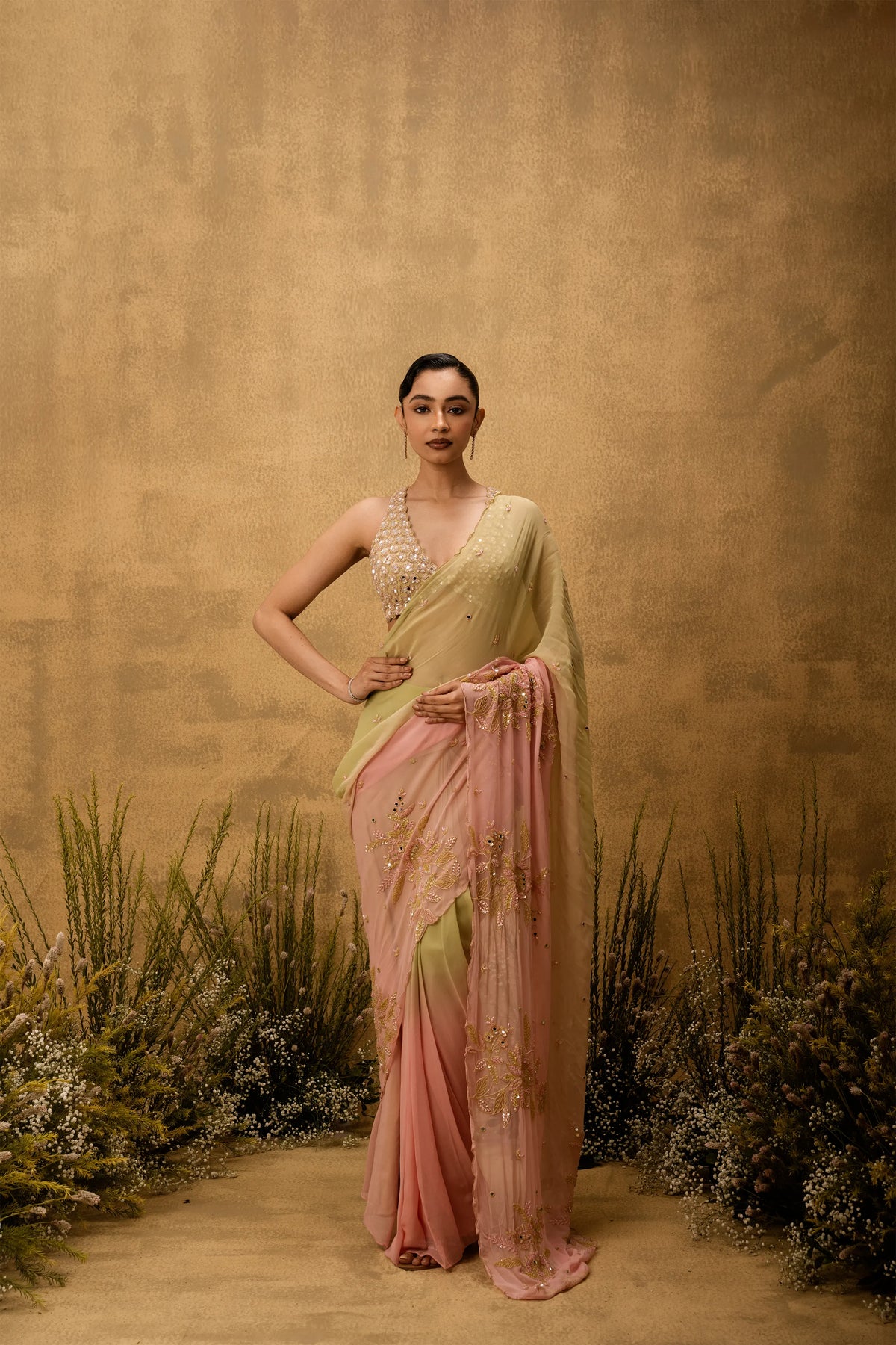 Pastel green & pink ombre Pre-stitched hand embroidered georgette saree set