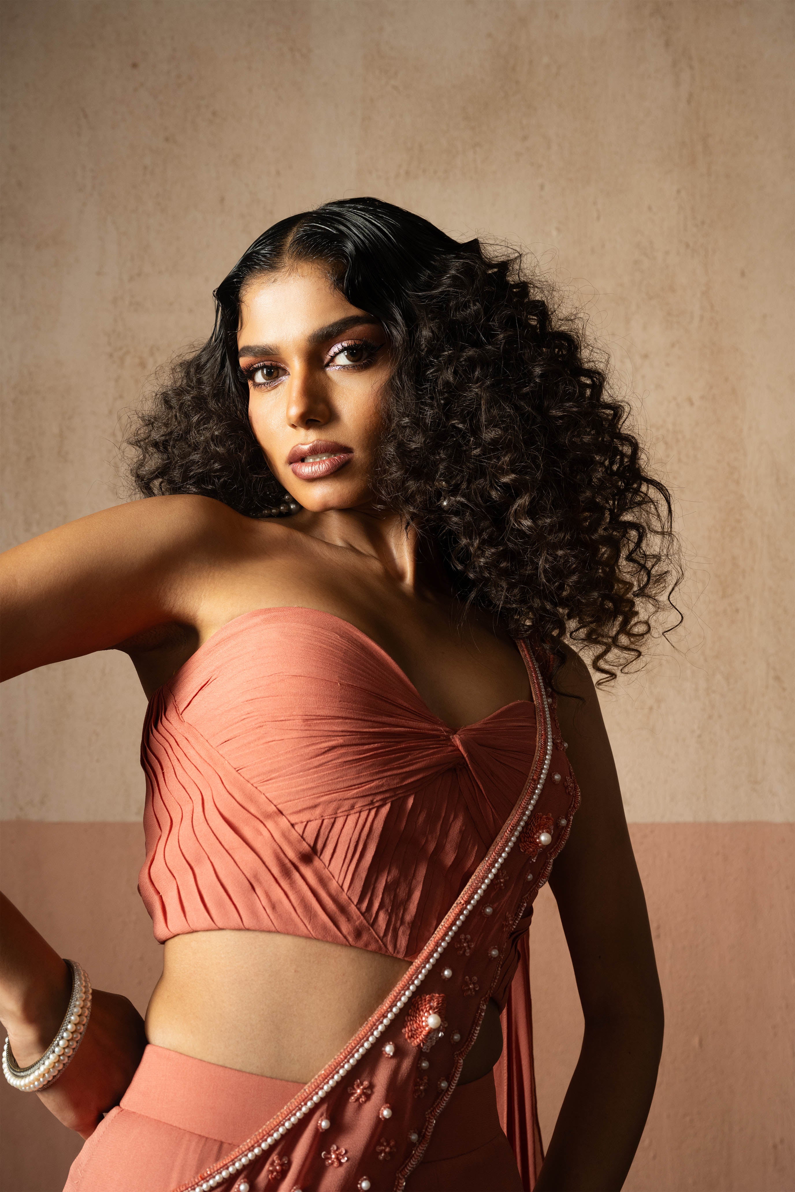 Fishtail Style, Peach Coloured, Hand Embroidered Georgette Fishtail Saree