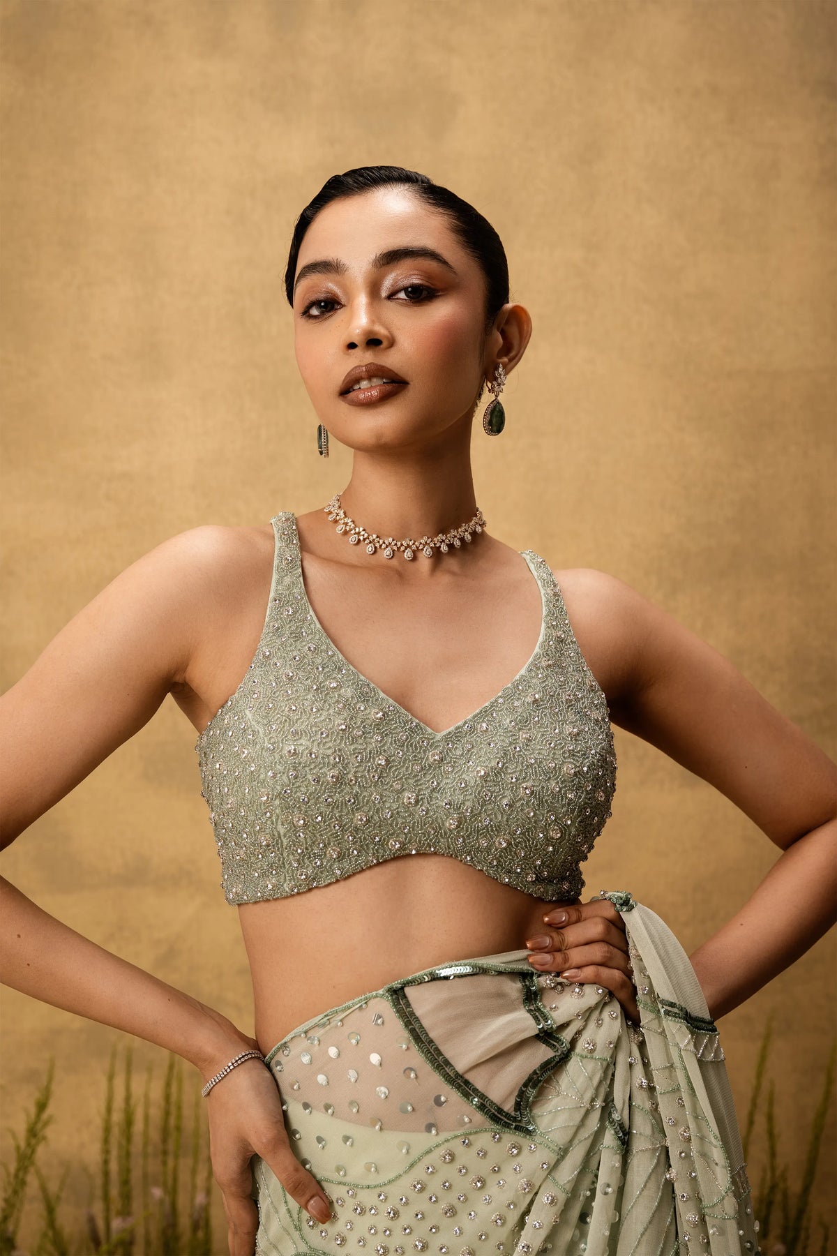 Mint green Pre-stitched hand embroidered georgette saree set
