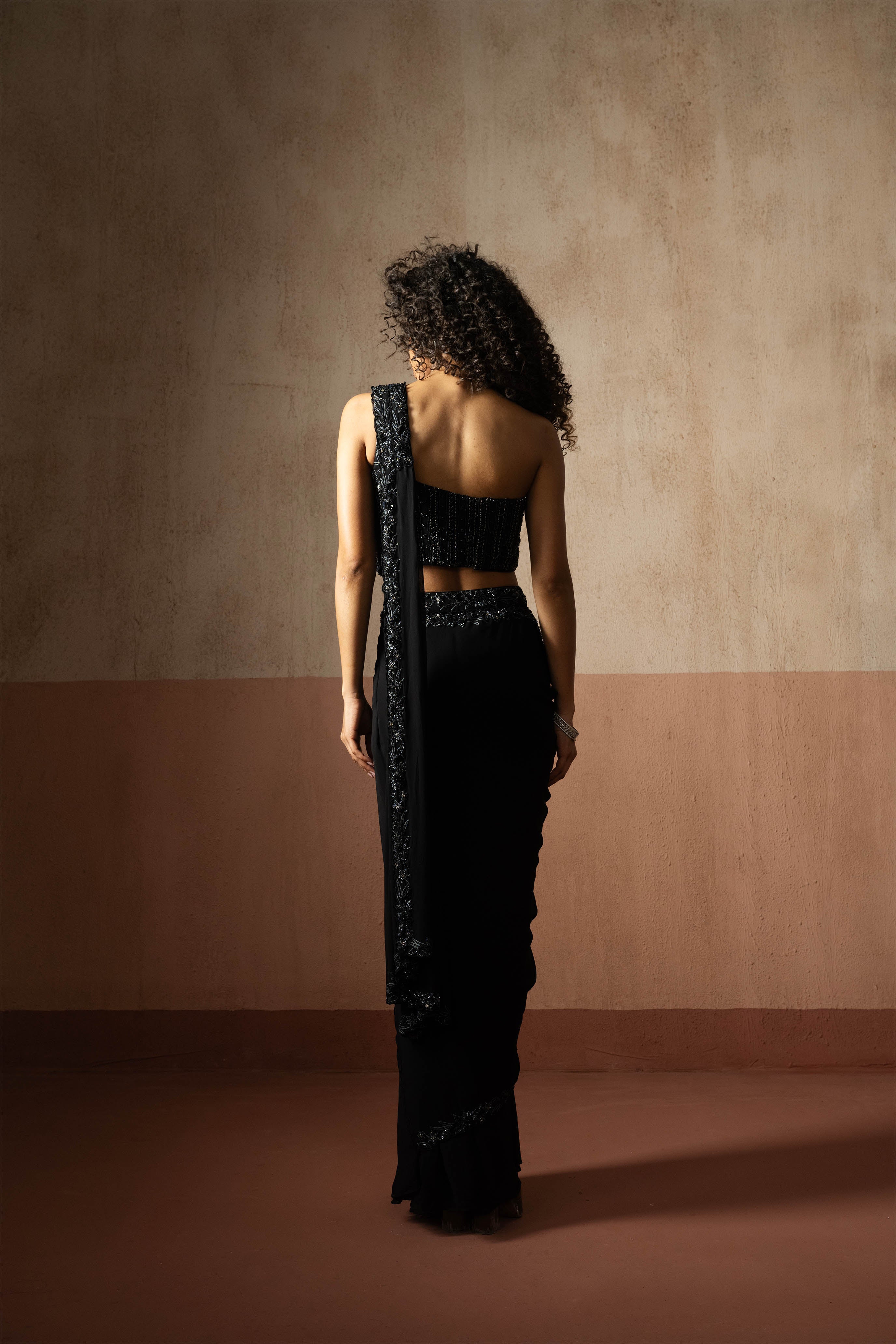Predraped, Black Hand Embroidered Georgette Saree