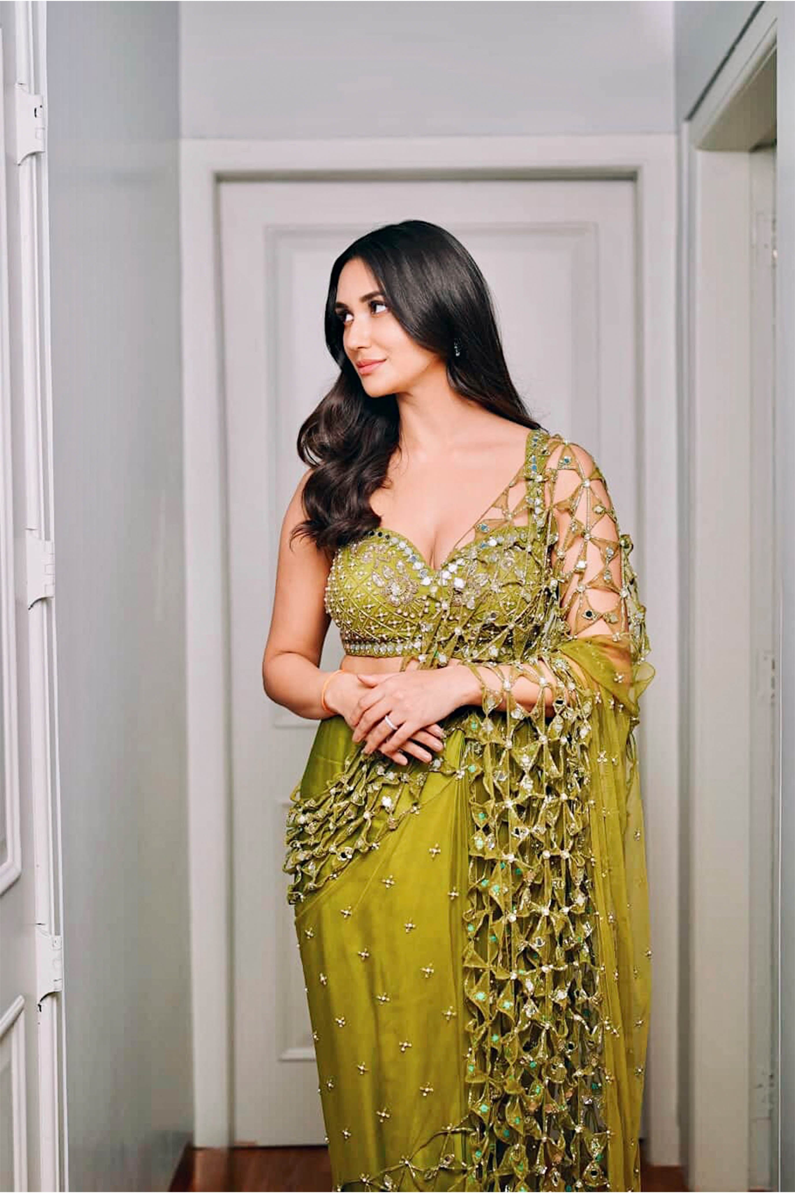 Predraped, Mehendi Green, Hand Embroidered Net & Satin Saree
