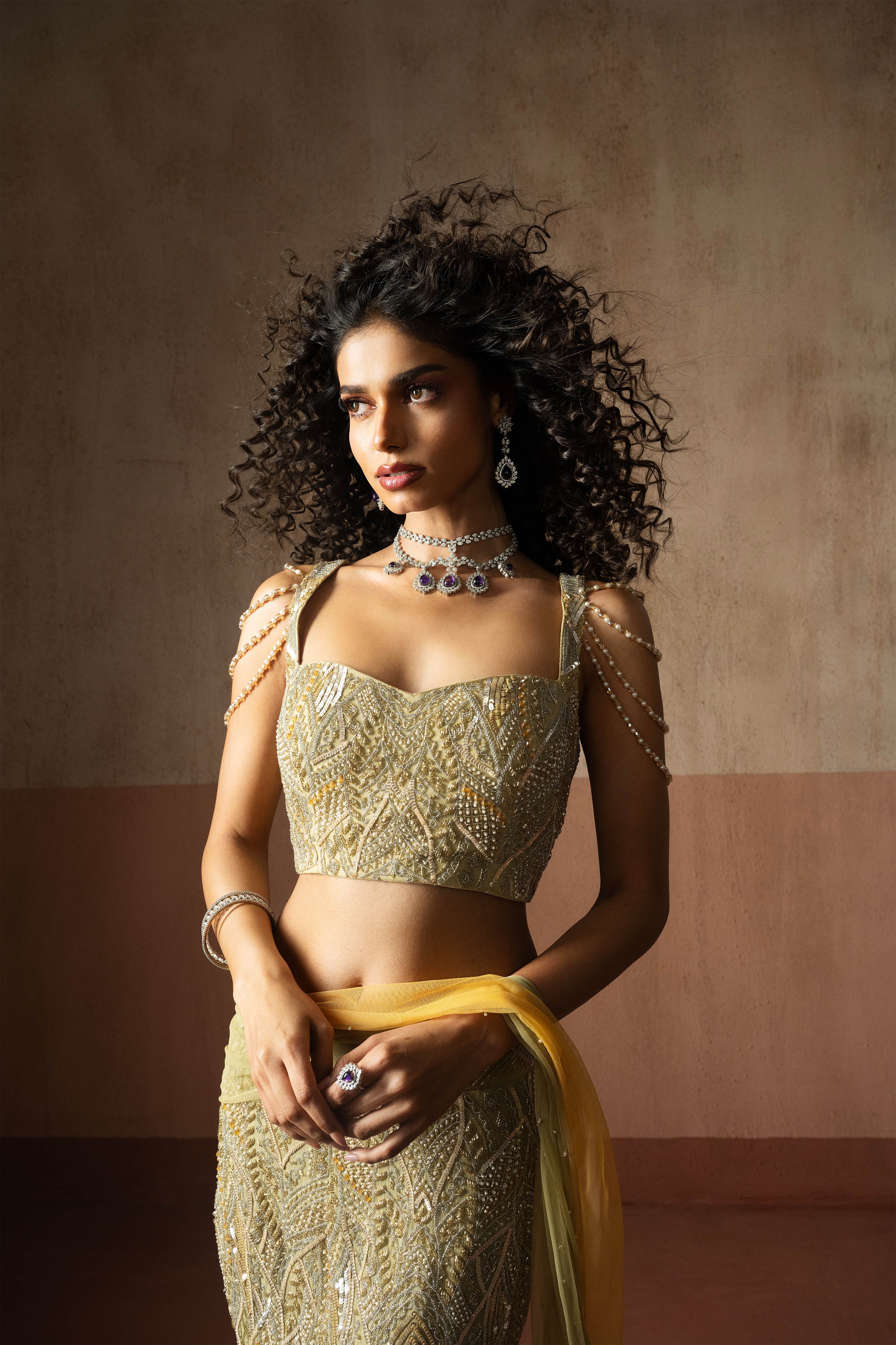 Fishtail Style, Sage Green & Pastel Yellow Hand Embroidered, Net & Georgette Fishtail Saree, Concept Saree