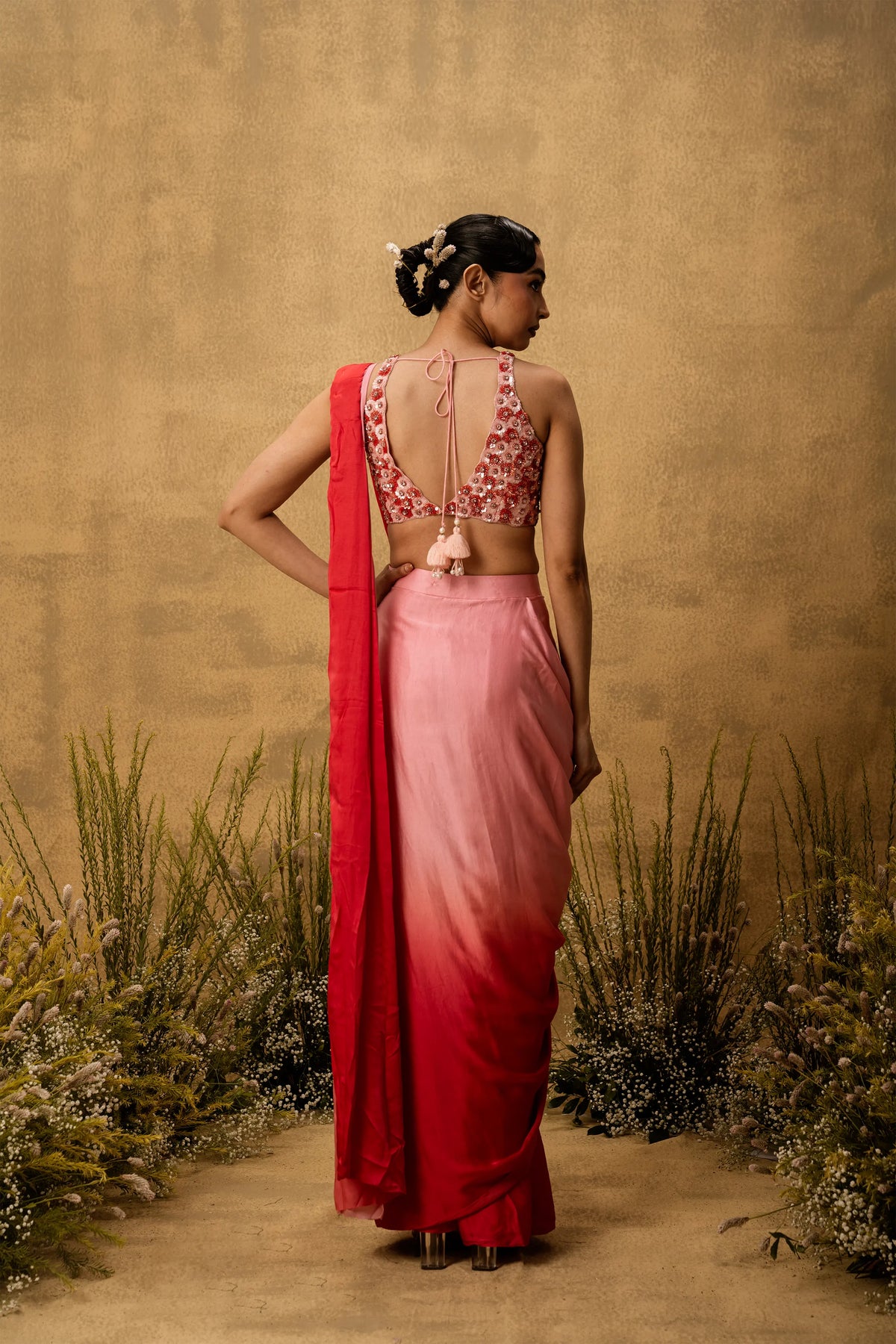 Pastel pink ombre pre-draped modal satin saree with embroidered blouse