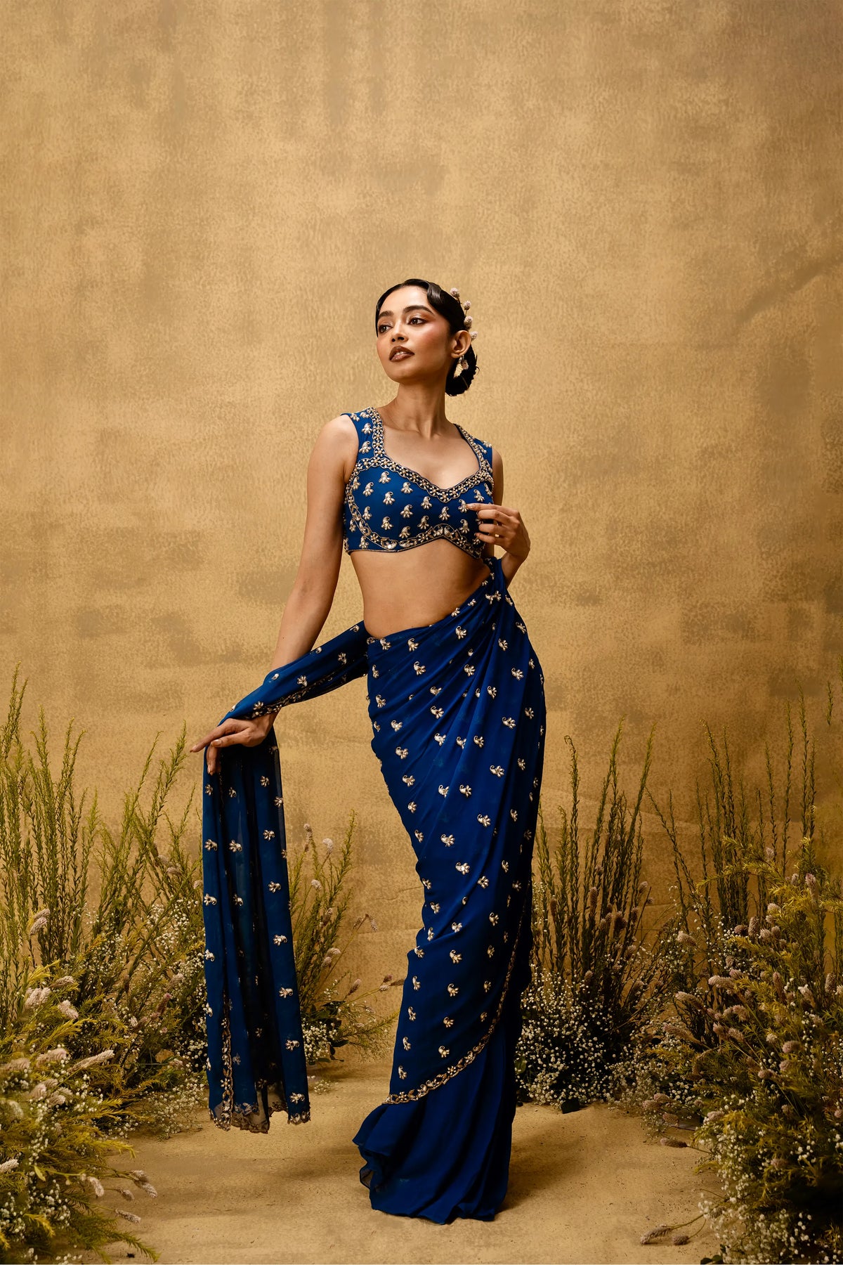Sapphire blue Pre-stitched hand embroidered georgette saree set