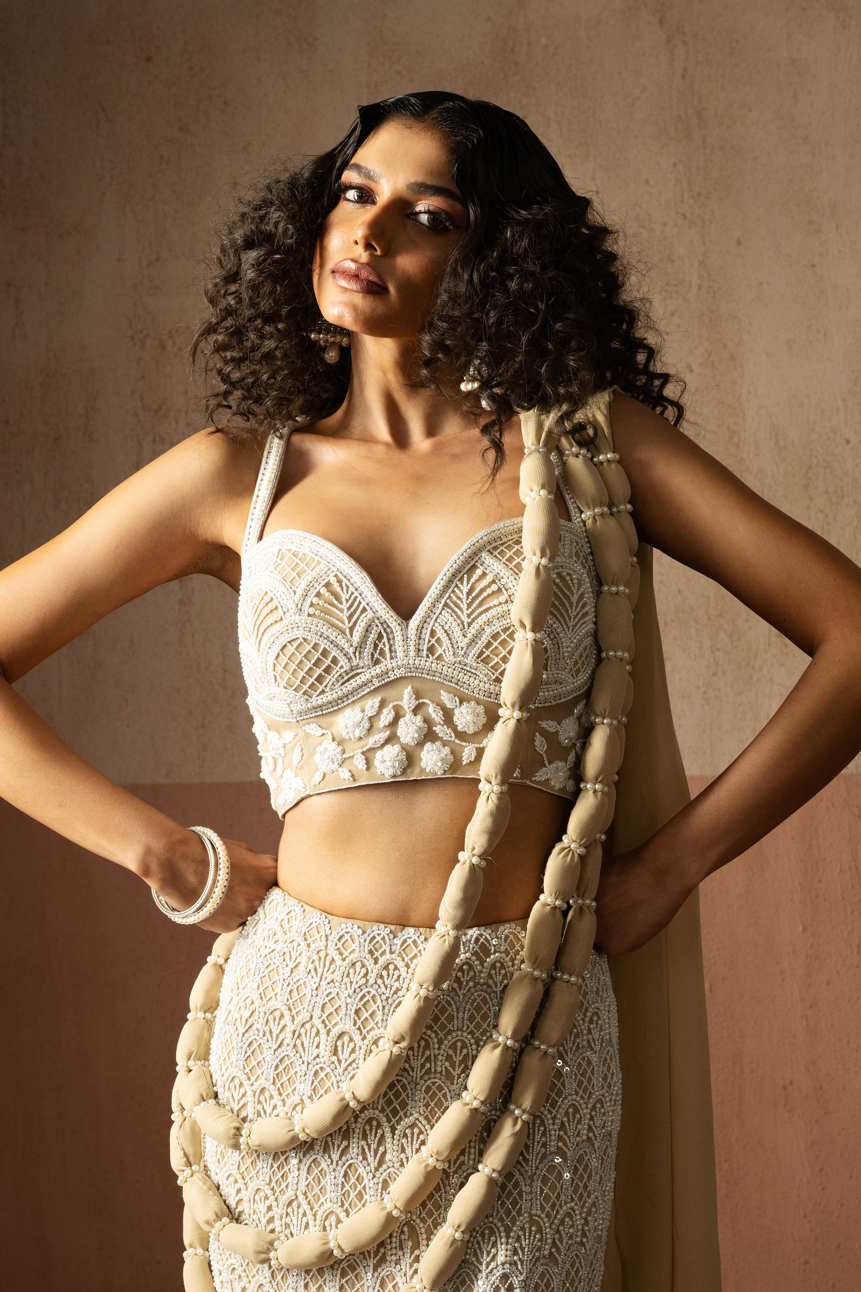 Fishtail Style, Beige & Ivory Hand Embroidered, Net & Georgette Fishtail Saree, Concept Saree