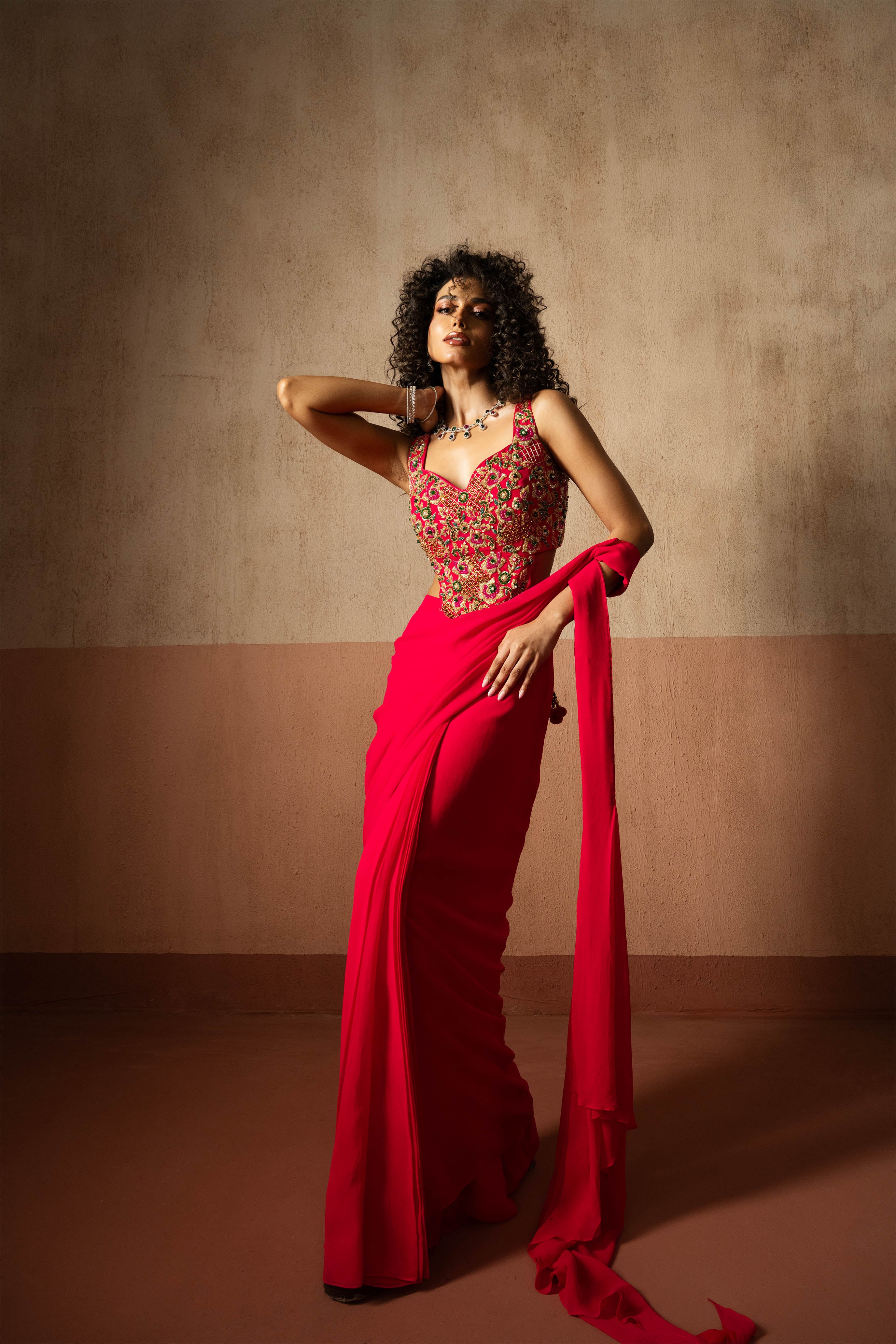 Predraped, Fuschia Pink, Embroidered Georgette Saree With Corset Blouse