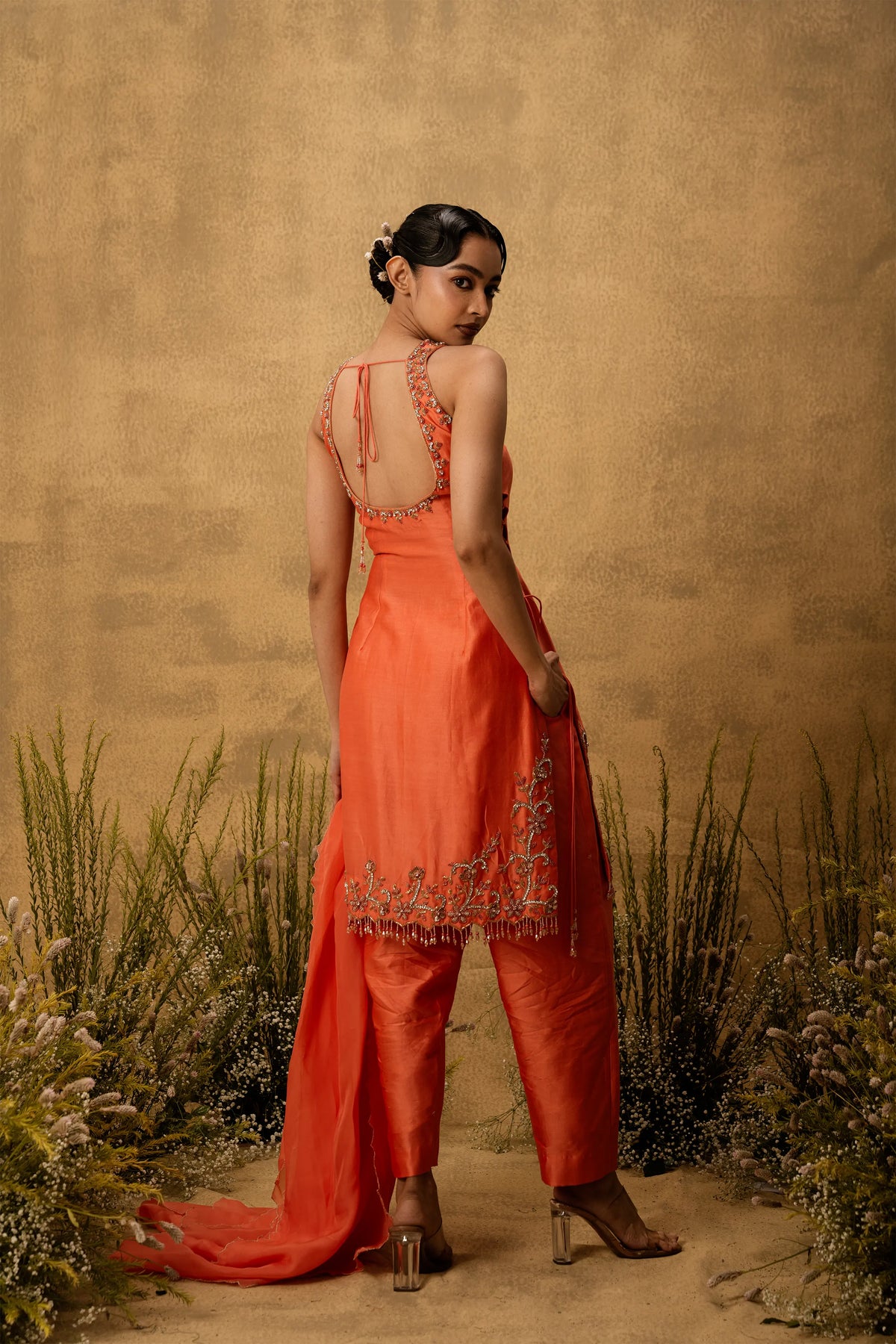 Bright orange hand embroidered chanderi silk suit set with organza dupatta