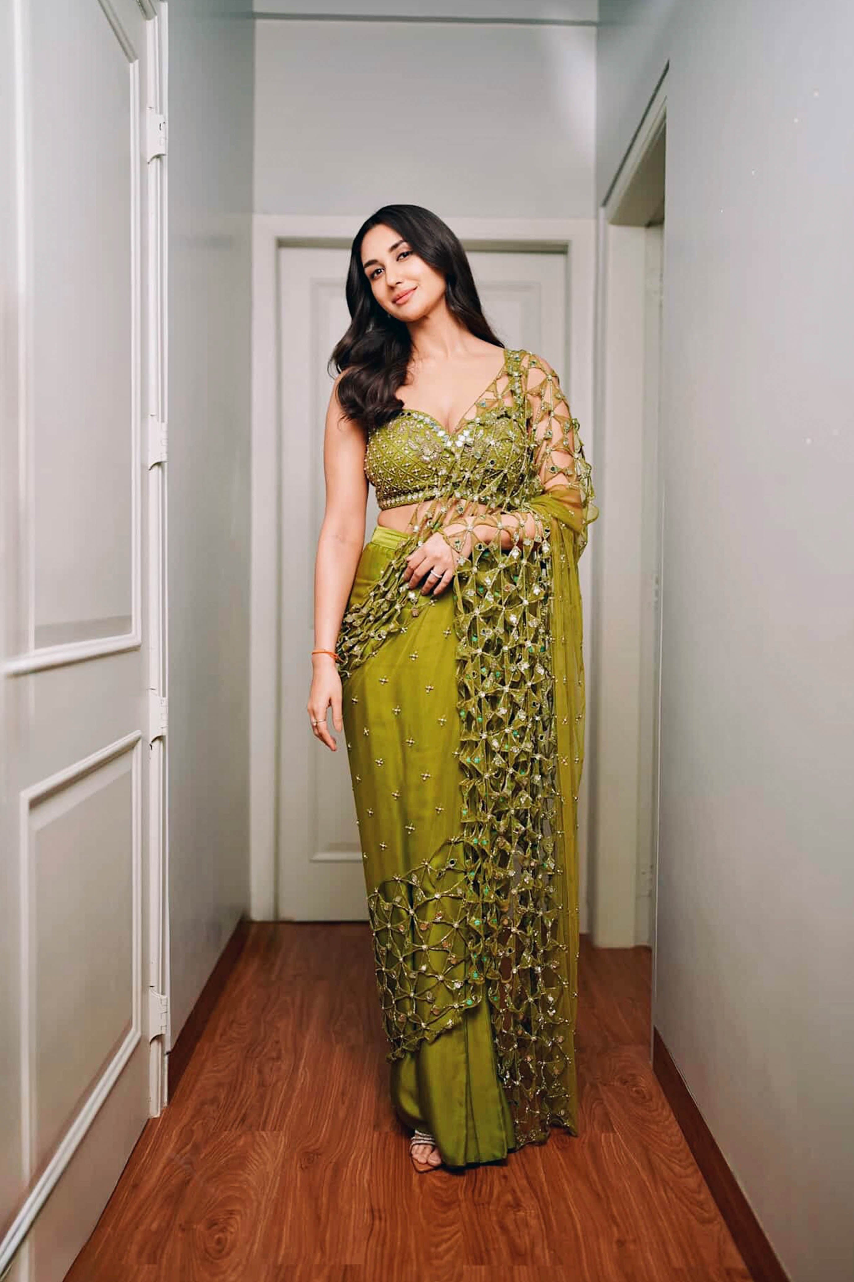 Predraped, Mehendi Green, Hand Embroidered Net & Satin Saree