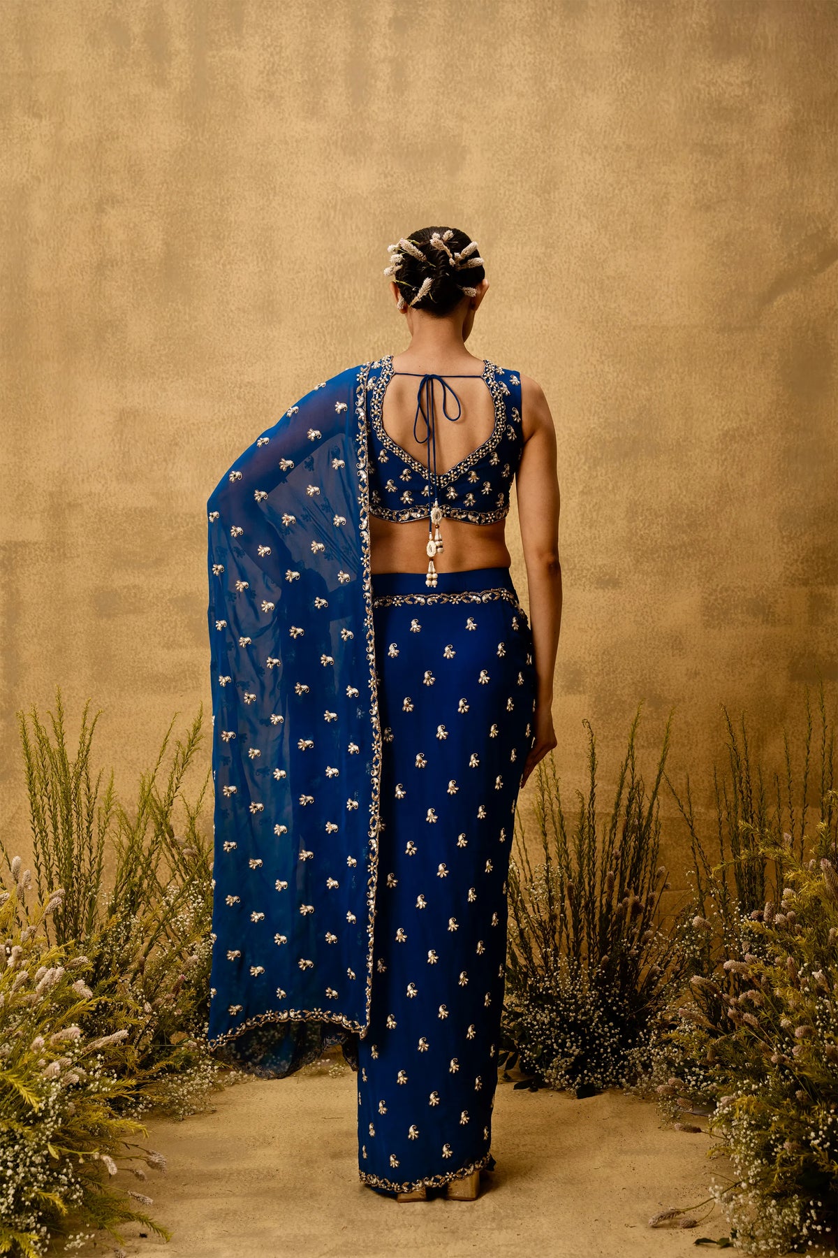 Sapphire blue Pre-stitched hand embroidered georgette saree set