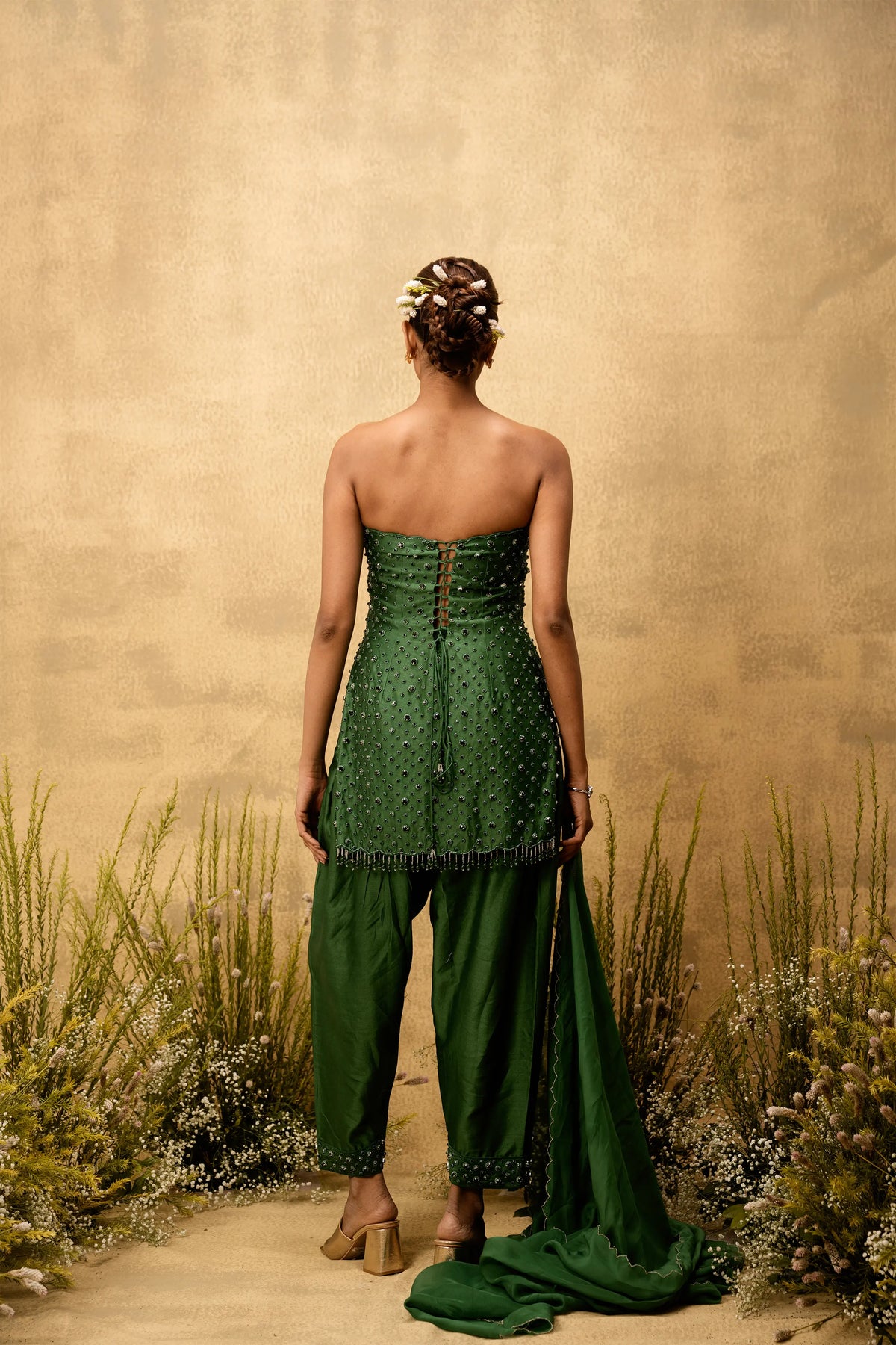 Emerald green hand embroidered chanderi silk suit set with organza dupatta