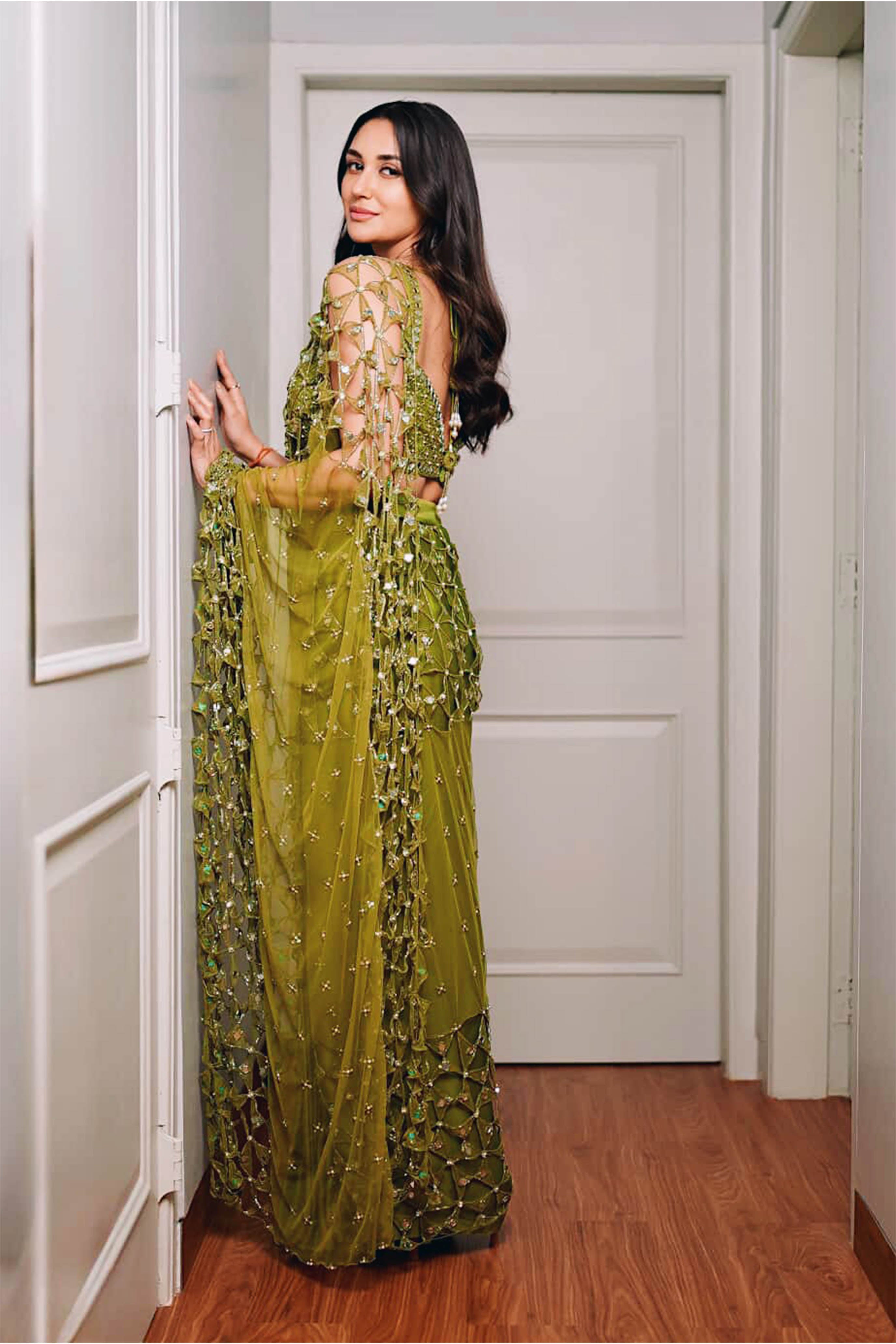 Predraped, Mehendi Green, Hand Embroidered Net & Satin Saree