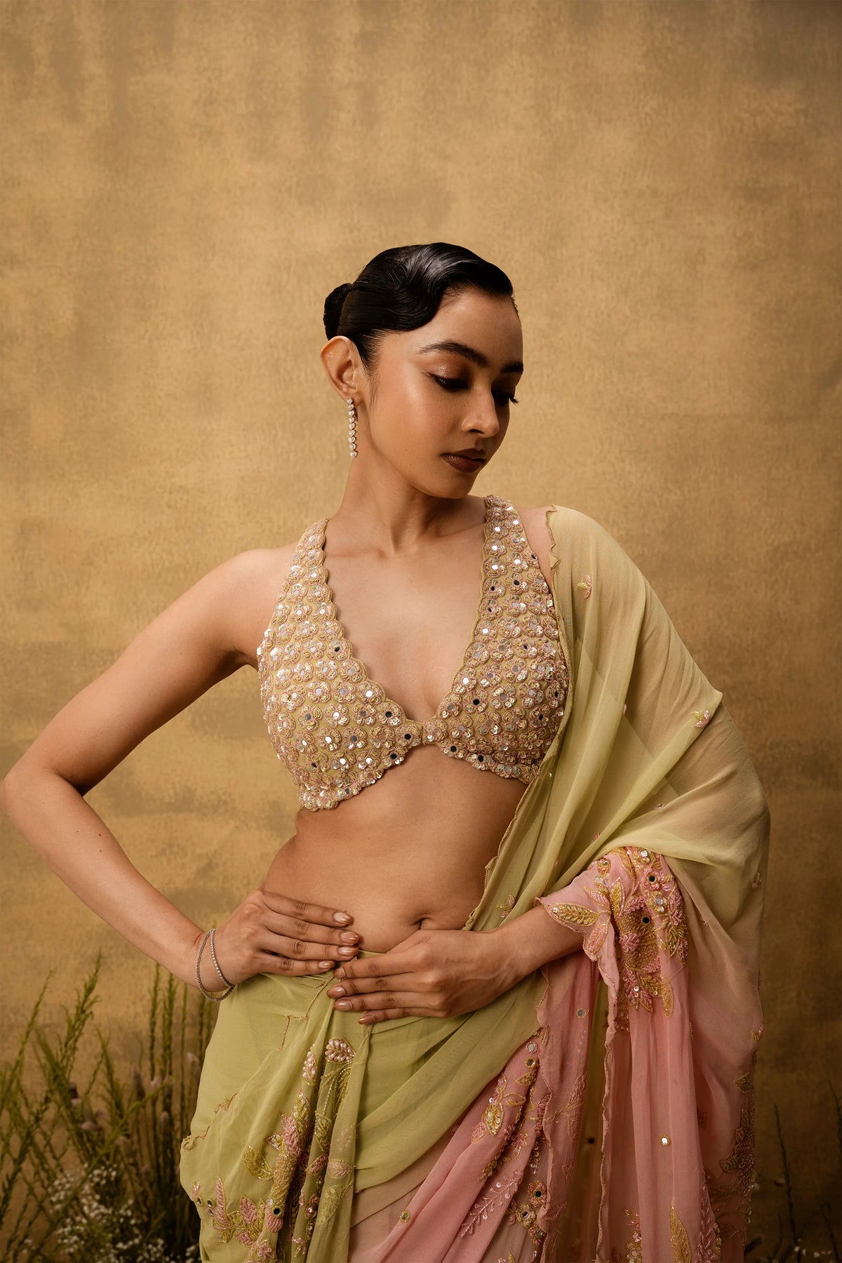 Pastel green & pink ombre Pre-stitched hand embroidered georgette saree set