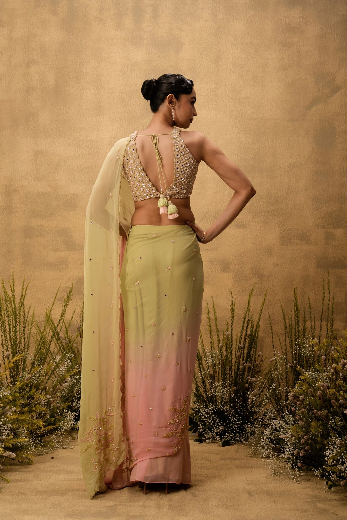 Pastel green & pink ombre Pre-stitched hand embroidered georgette saree set