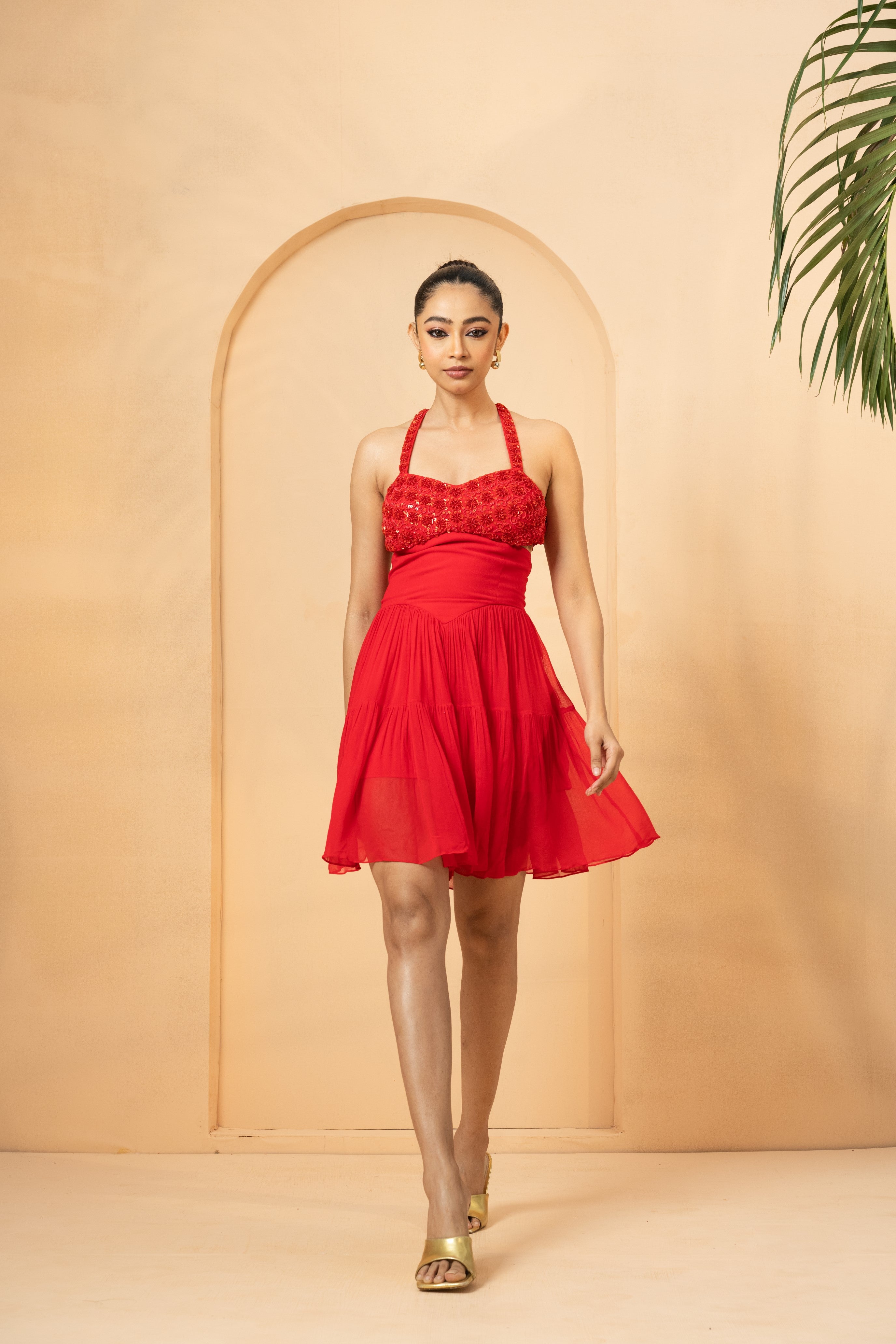 Red mini dress with a flared design and hand-embroidered bodice detailing.