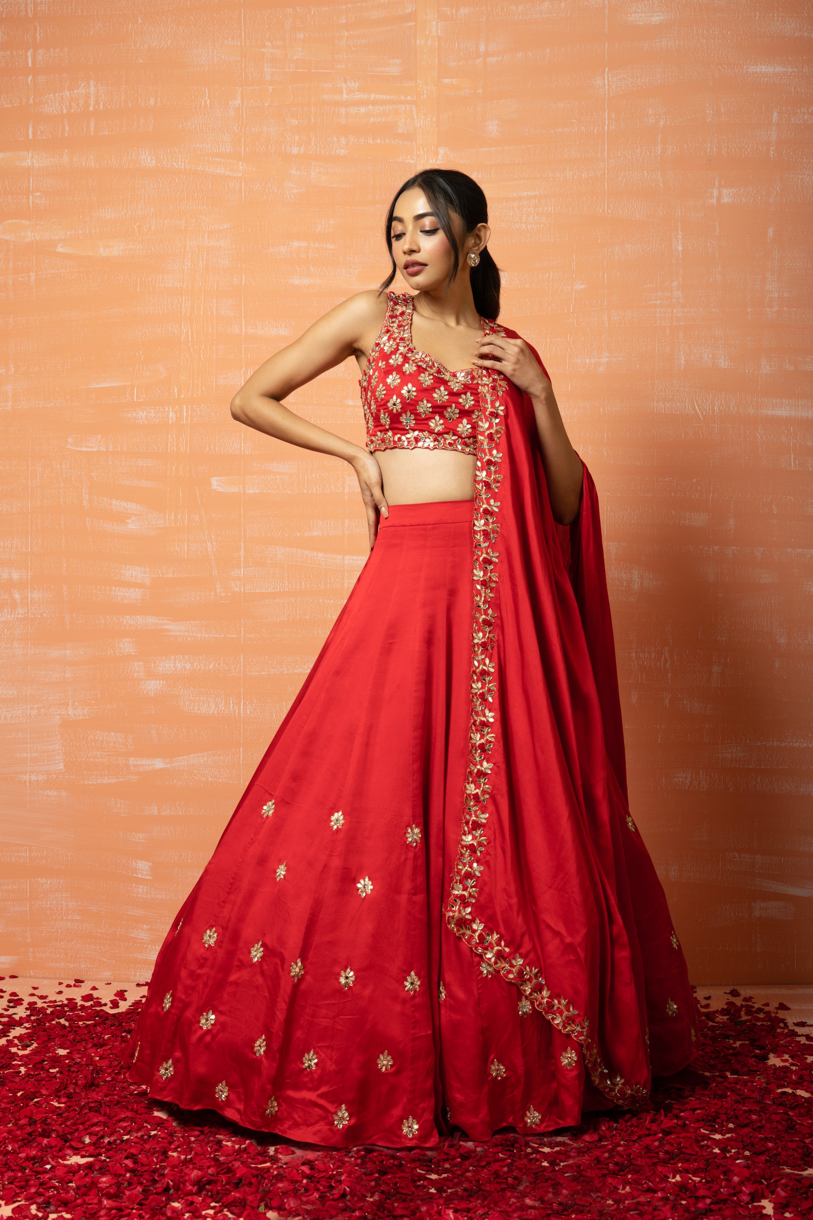 Red hand-embroidered lehenga in modal silk with intricate detailing.