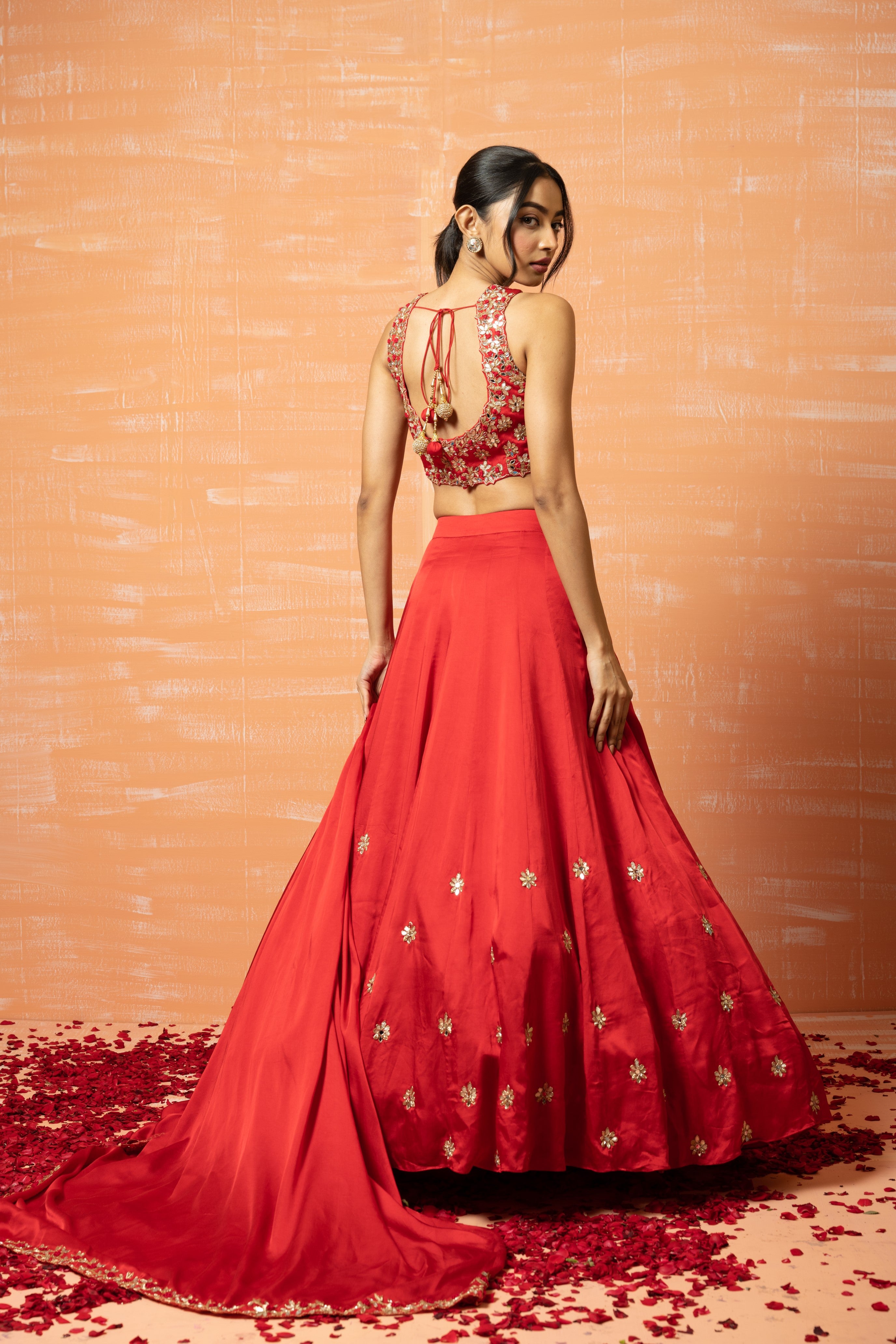 Red hand-embroidered lehenga in modal silk with intricate detailing.