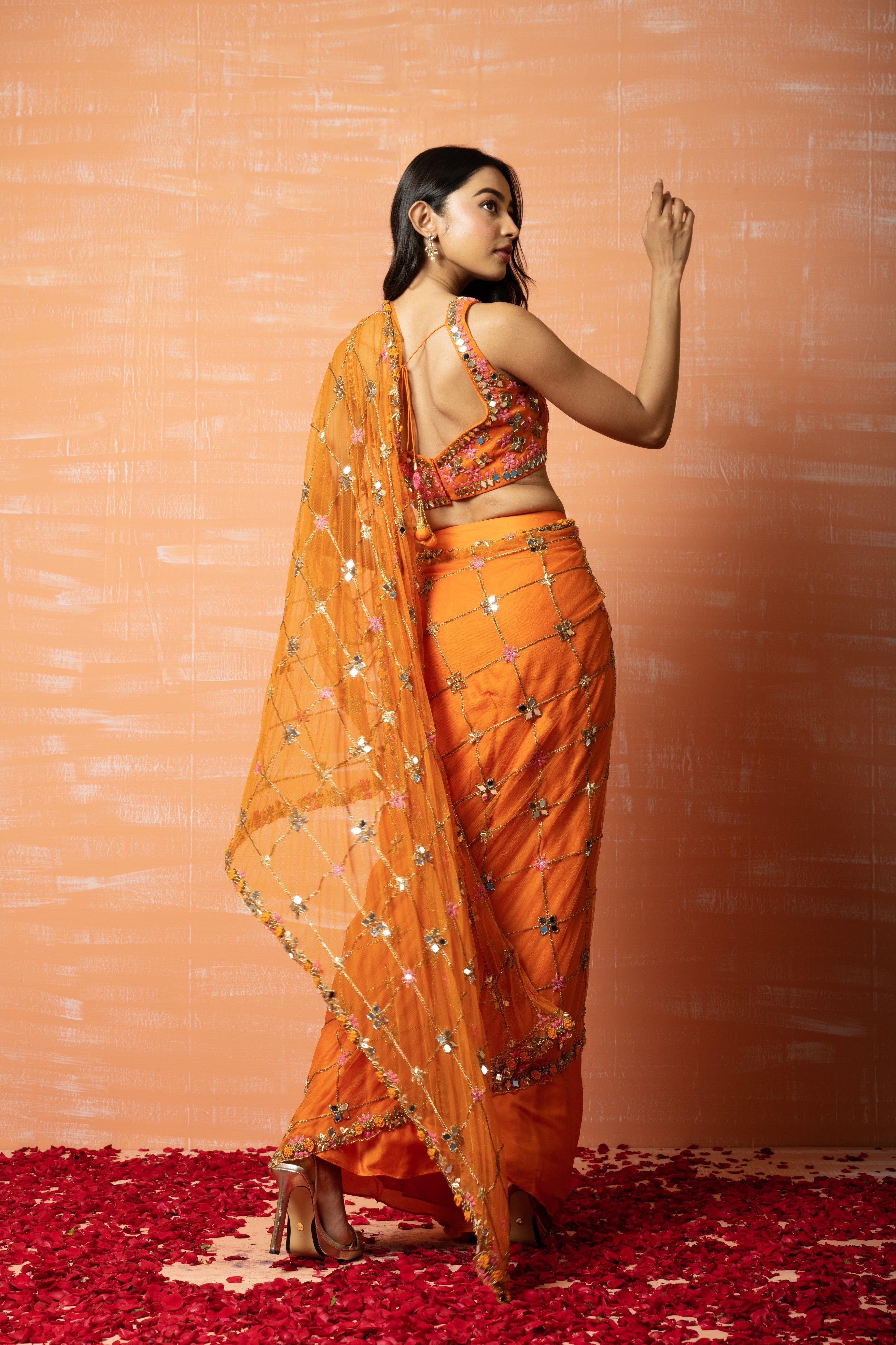 Elegant orange saree in soft net and georgette with intricate hand embroidery.