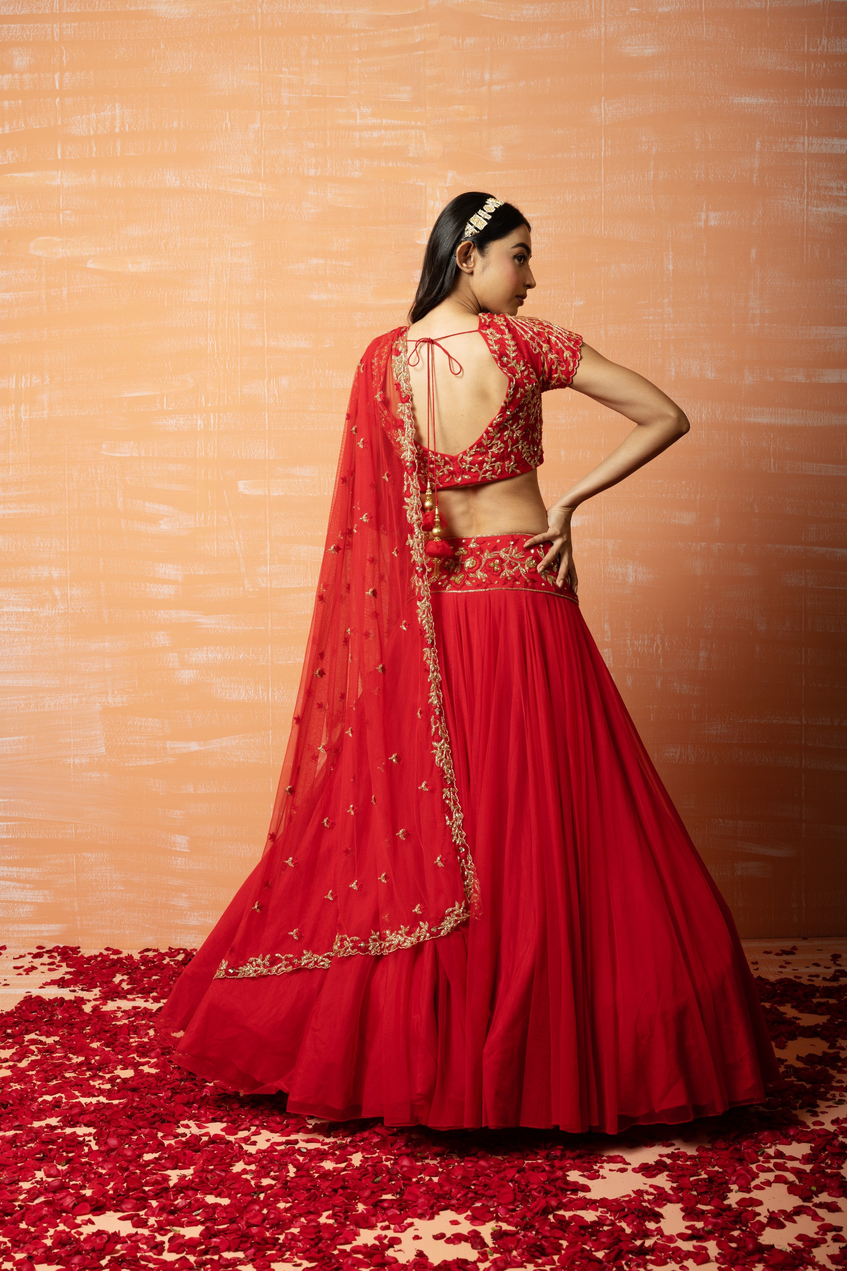 Red soft net lehenga with intricate hand embroidery for an ethereal look.