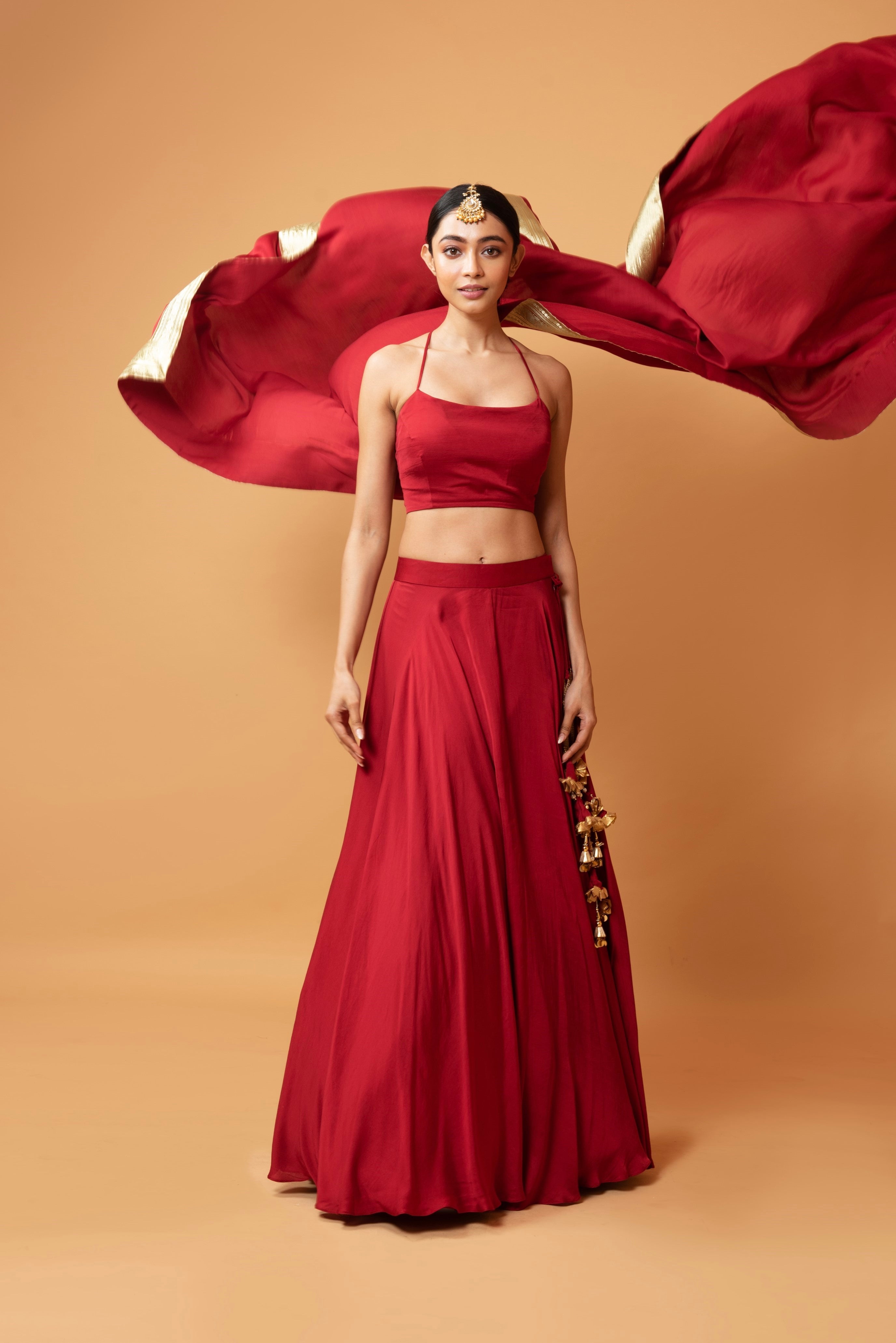 Deep red sleeveless lehenga with golden zari-bordered dupatta.