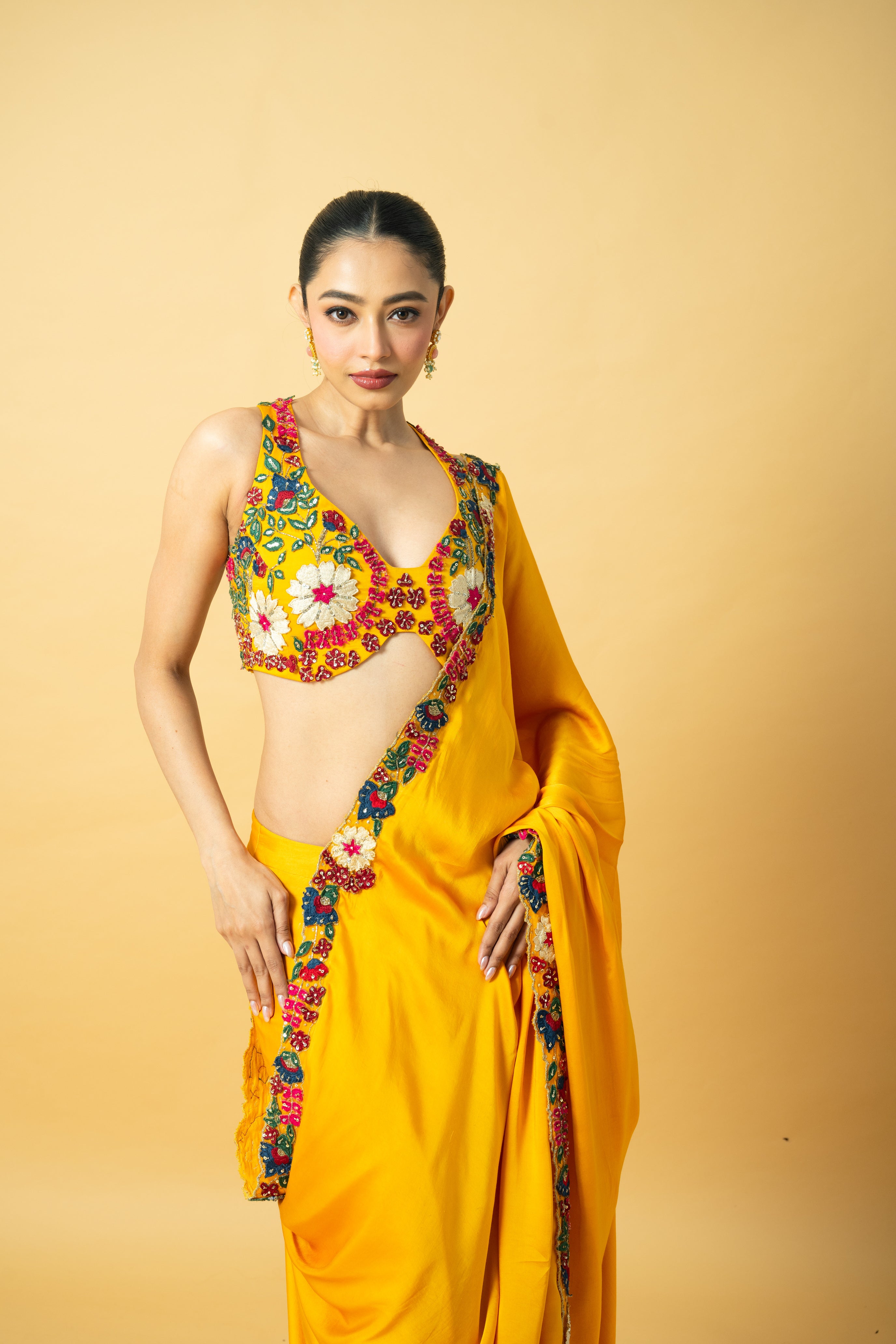 Golden yellow saree with multi-colored 3D hand embroidery.